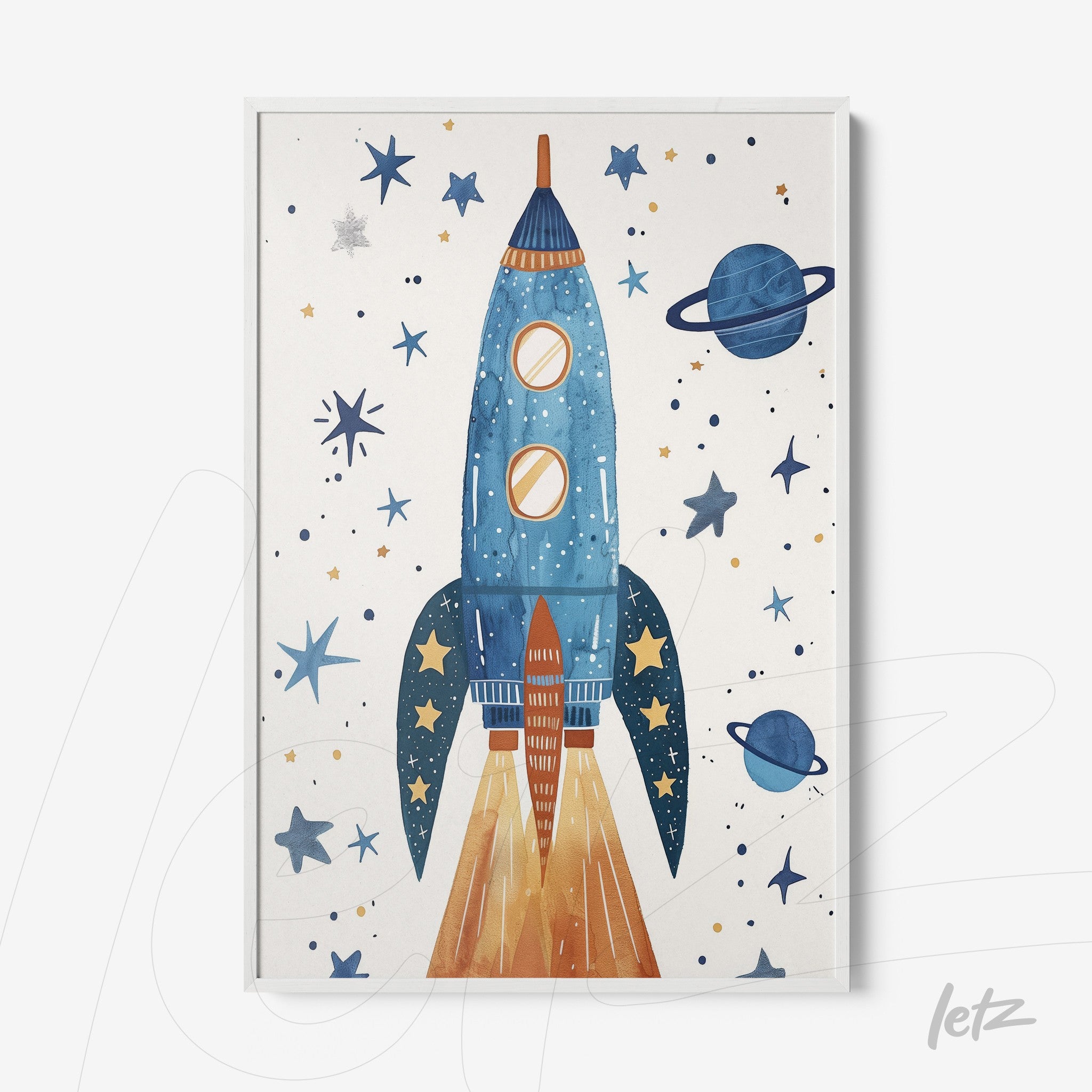 children's wall art featuring a blue rocket surrounded by stars and planets in a white frame