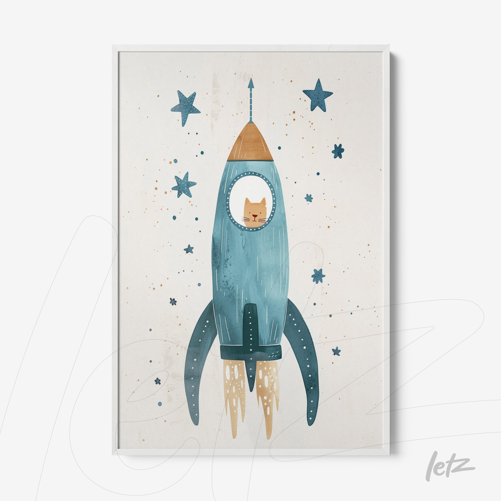 framed art print featuring a playful illustration of a cat inside a blue rocket with stars in the background
