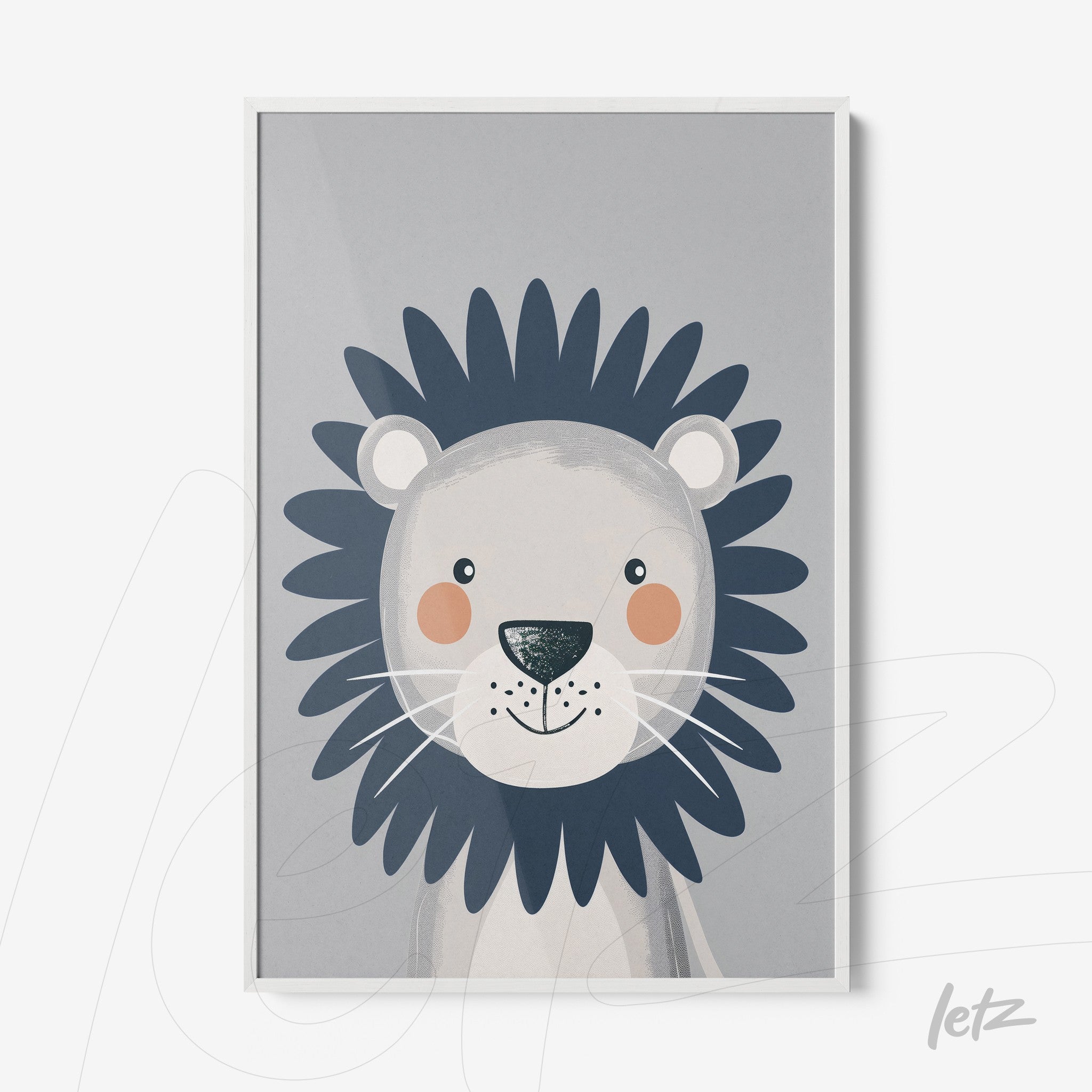 framed illustration of a lion with soft colors on gray background and white frame