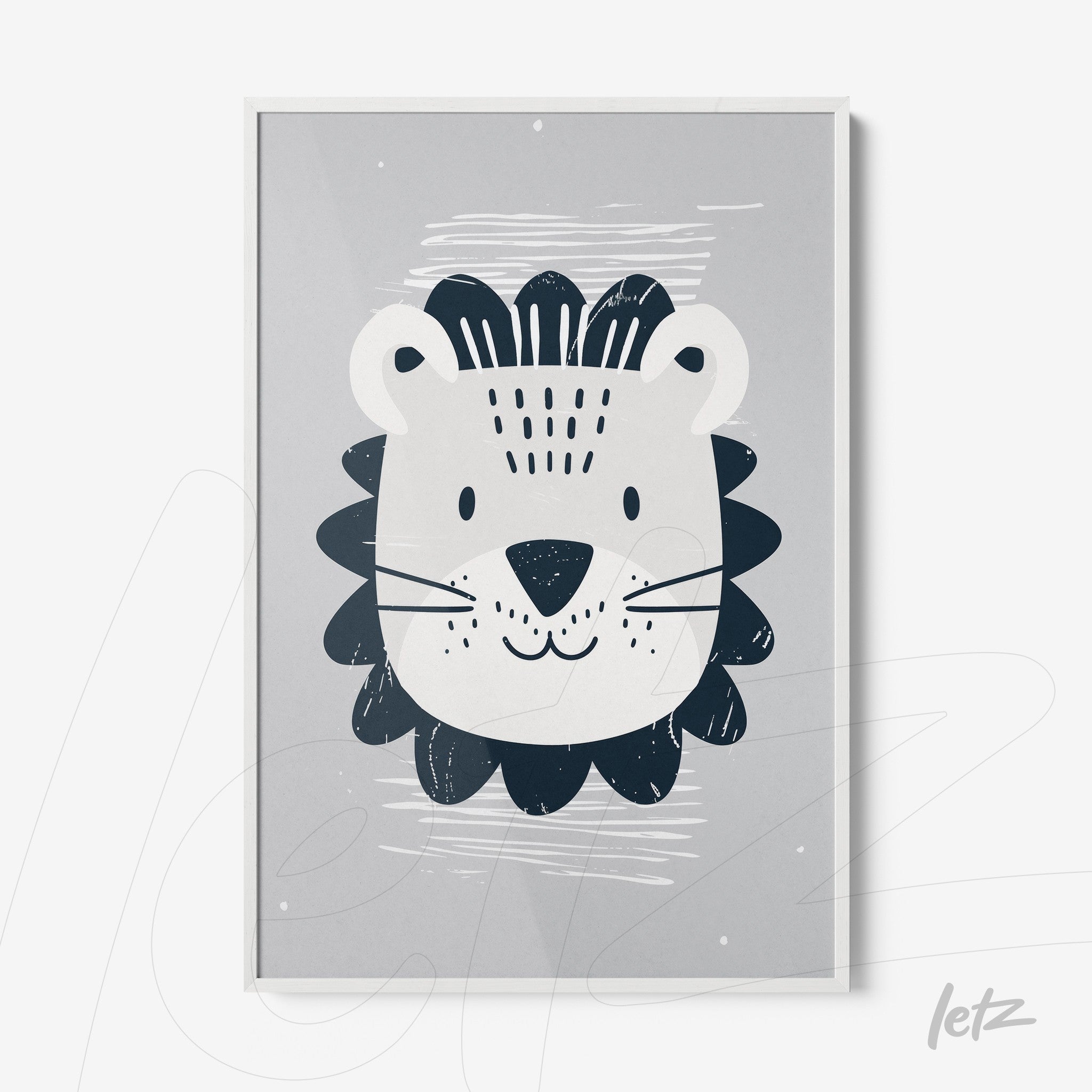 framed wall art featuring a modern lion illustration on gray background with white frame