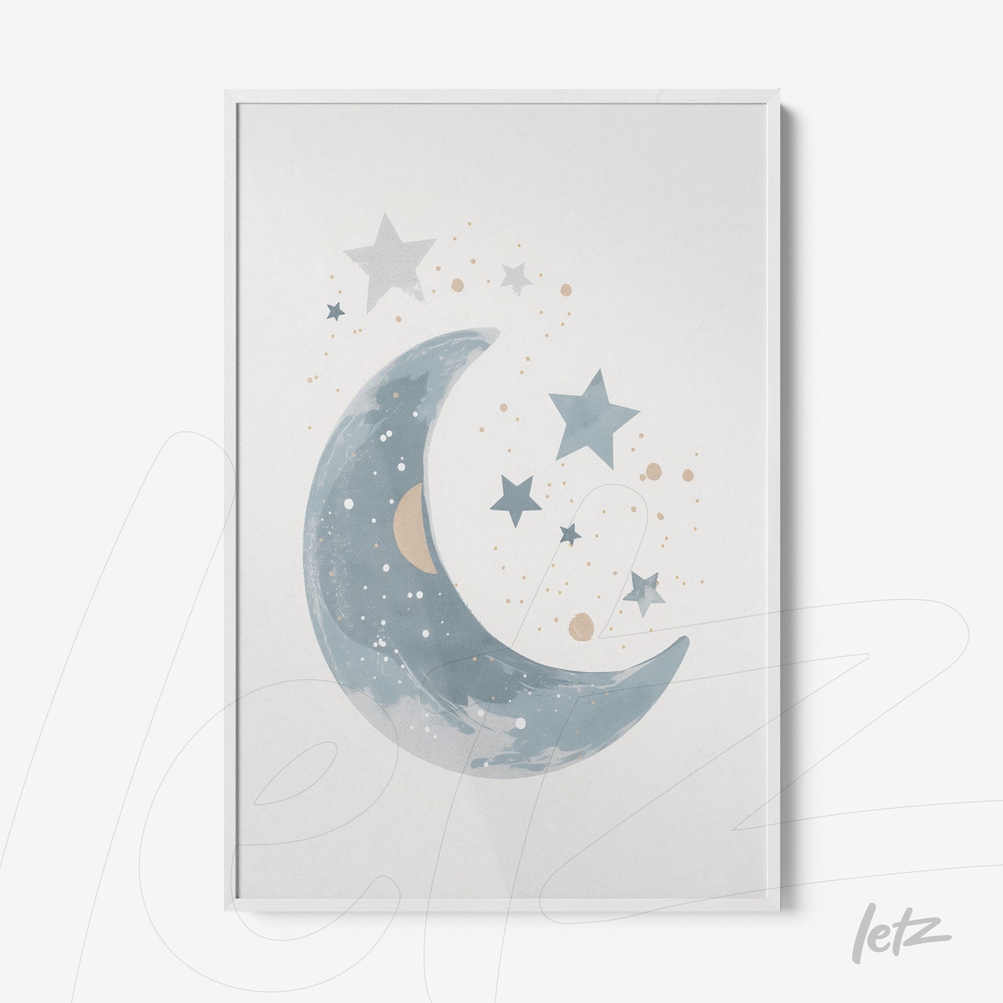 framed watercolor art of a crescent moon in blue tones with stars and planets on light background