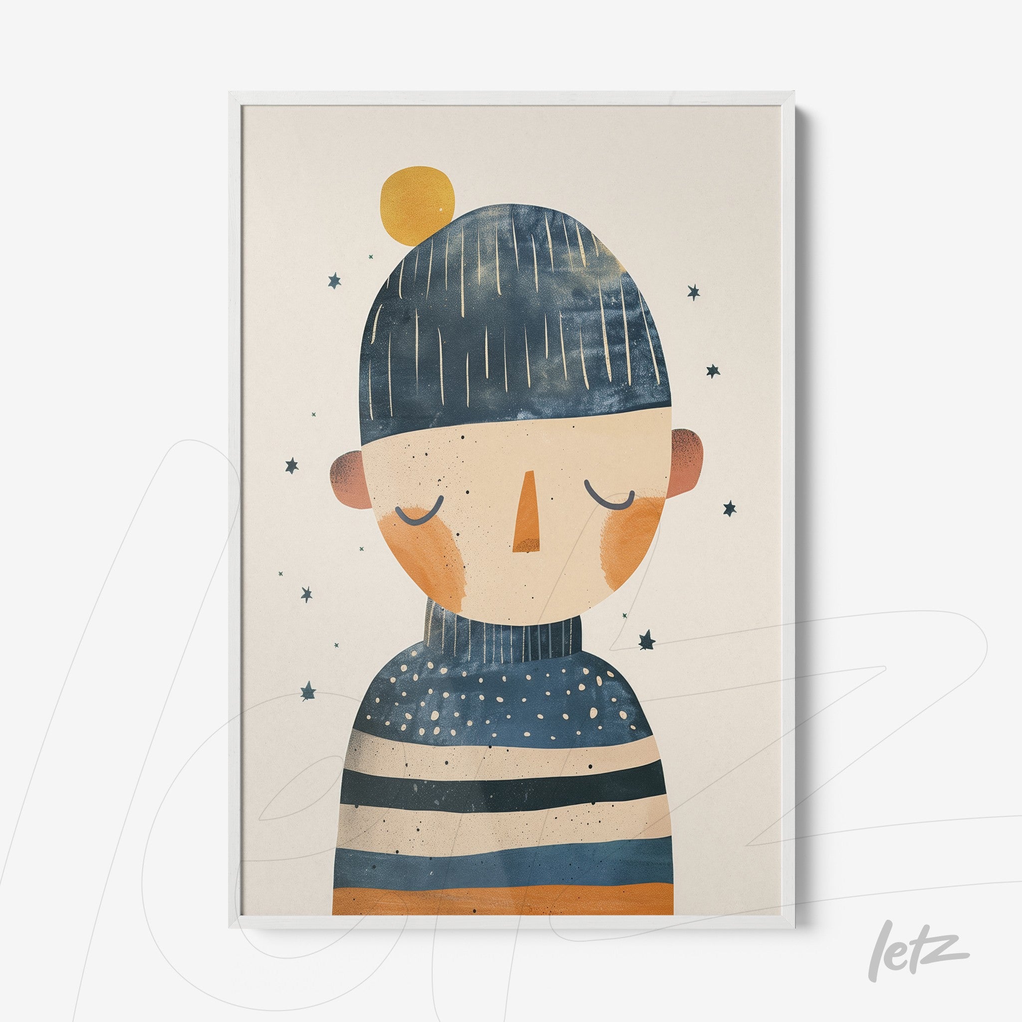 framed artwork of a male figure wearing a blue hat and orange stripes