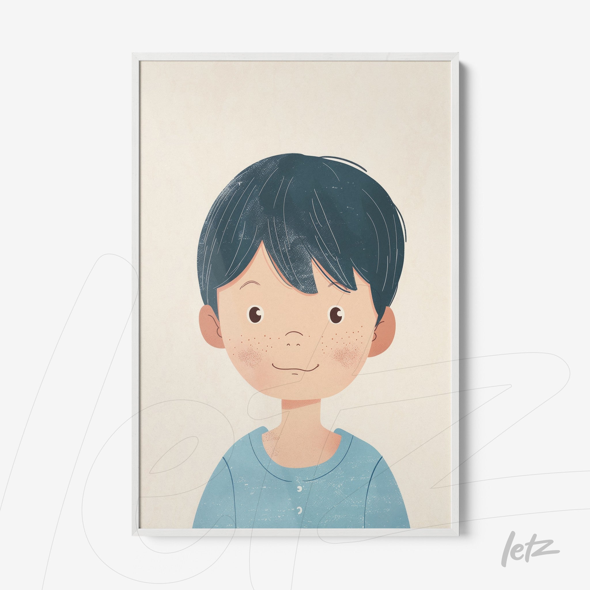 framed artwork of a cheerful boy with dark hair and blue shirt, white frame