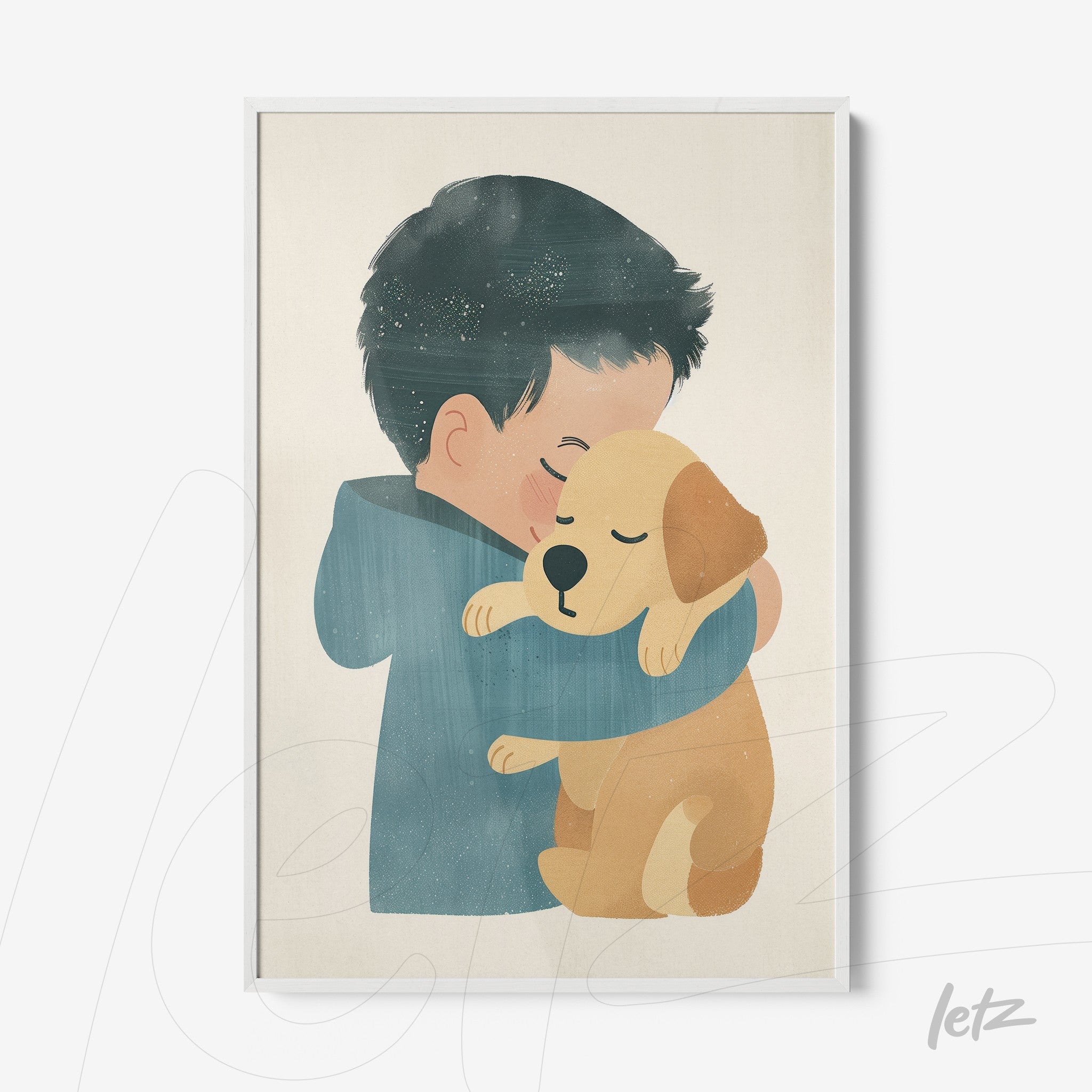 framed illustration of a boy hugging a dog with a white frame