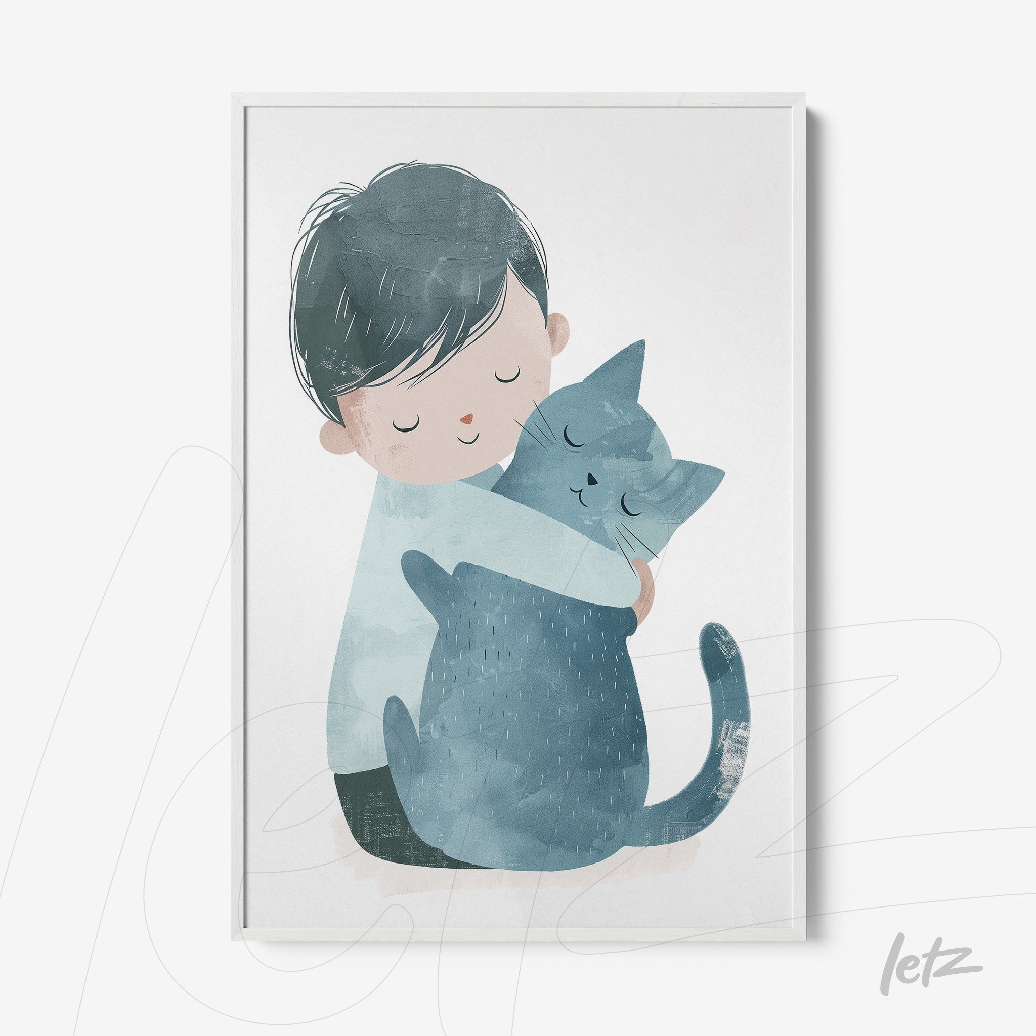 framed artwork depicting a gentle illustration of a boy hugging a gray cat with a white frame