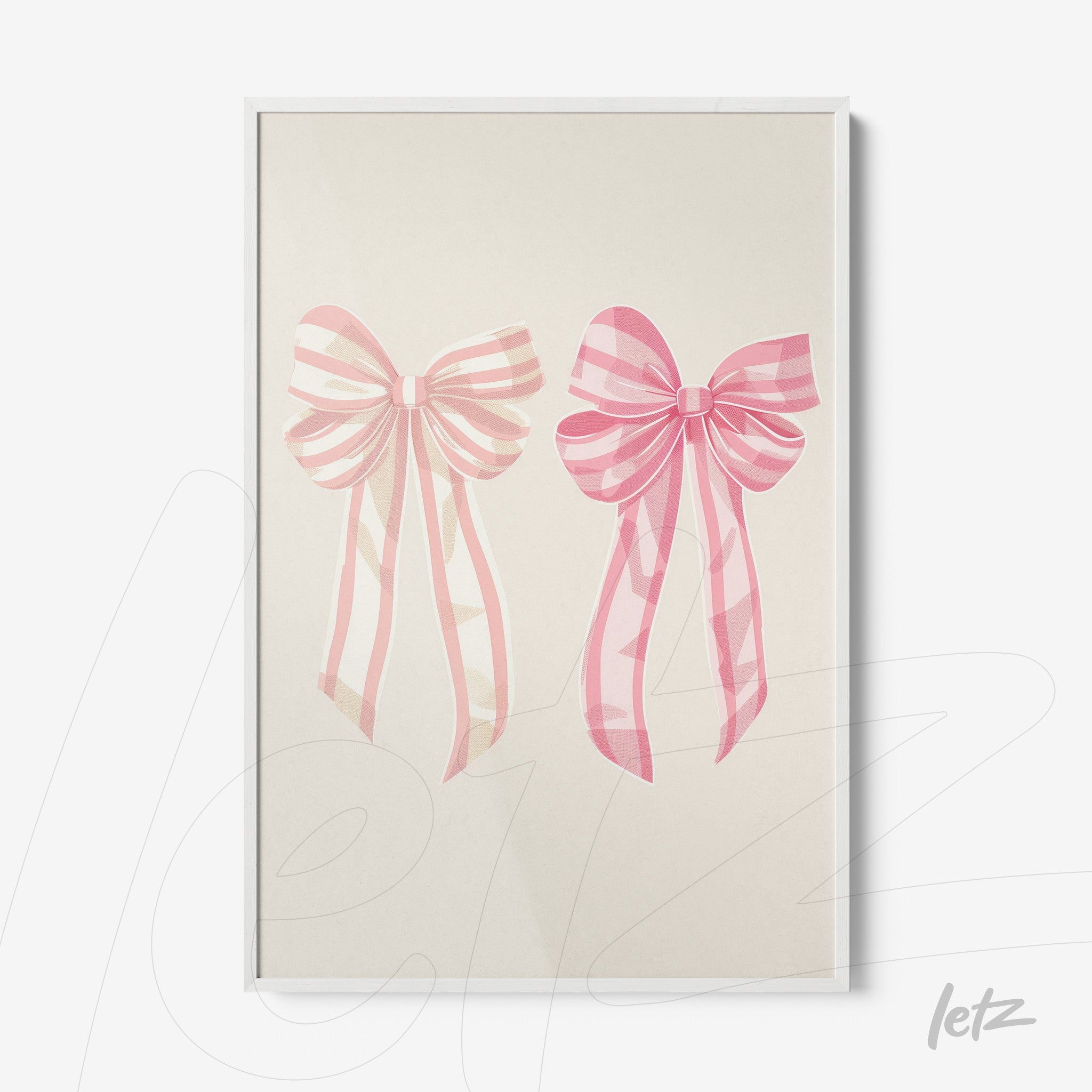 framed wall art featuring pink bows on a light background with white frame