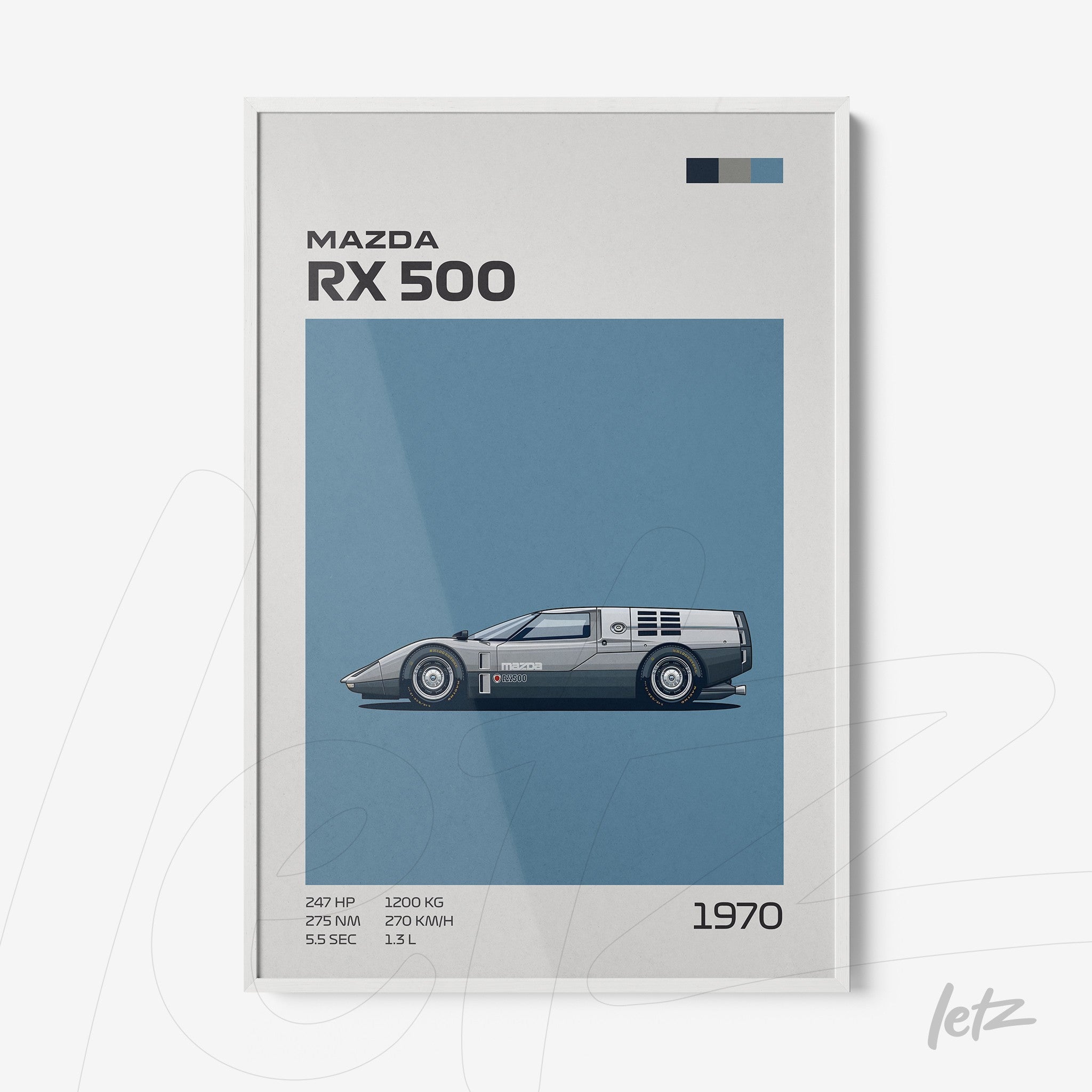 framed art print of the sports car mazda rx 500 on a blue background with white frame