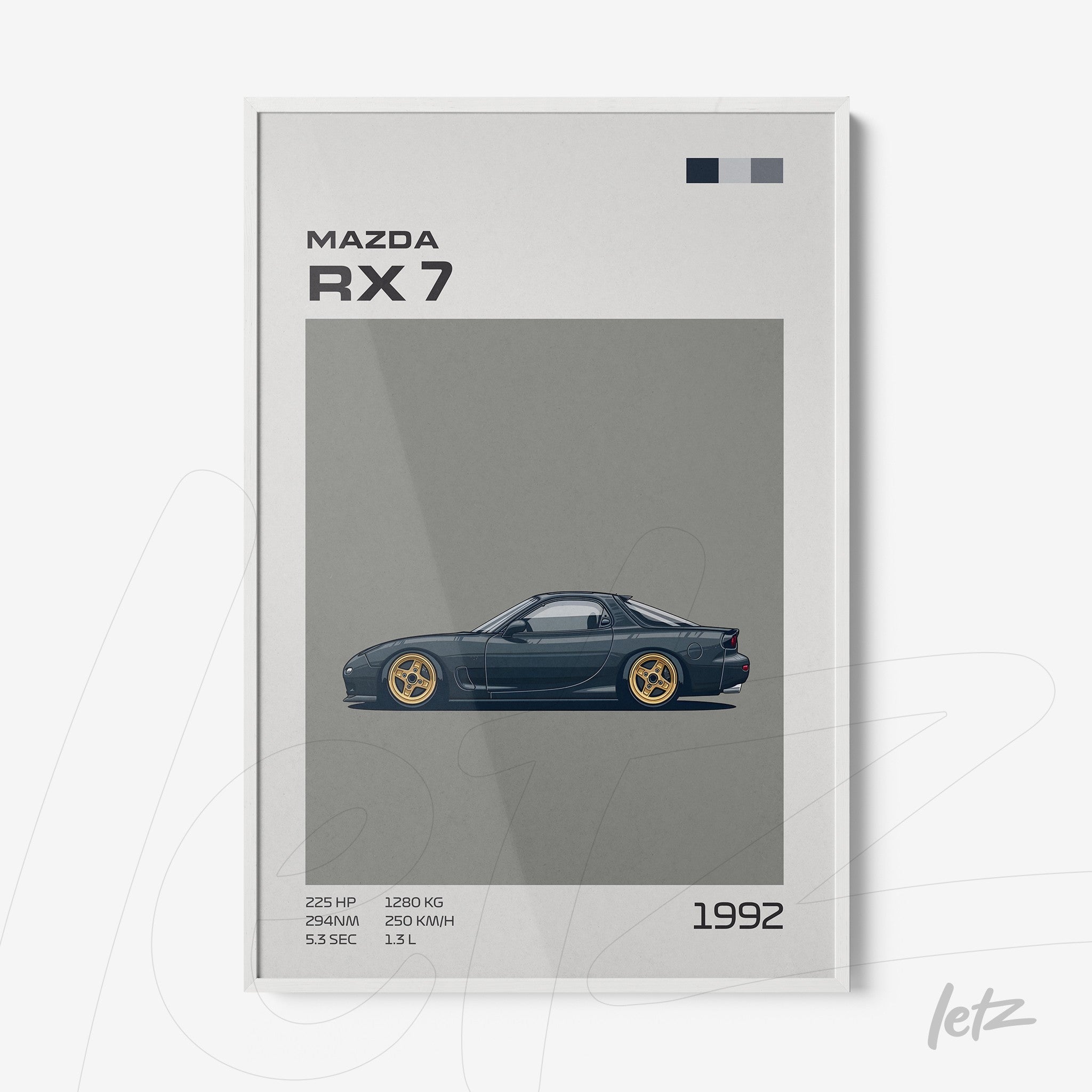 framed digital art of the 1992 Mazda RX 7 in white frame