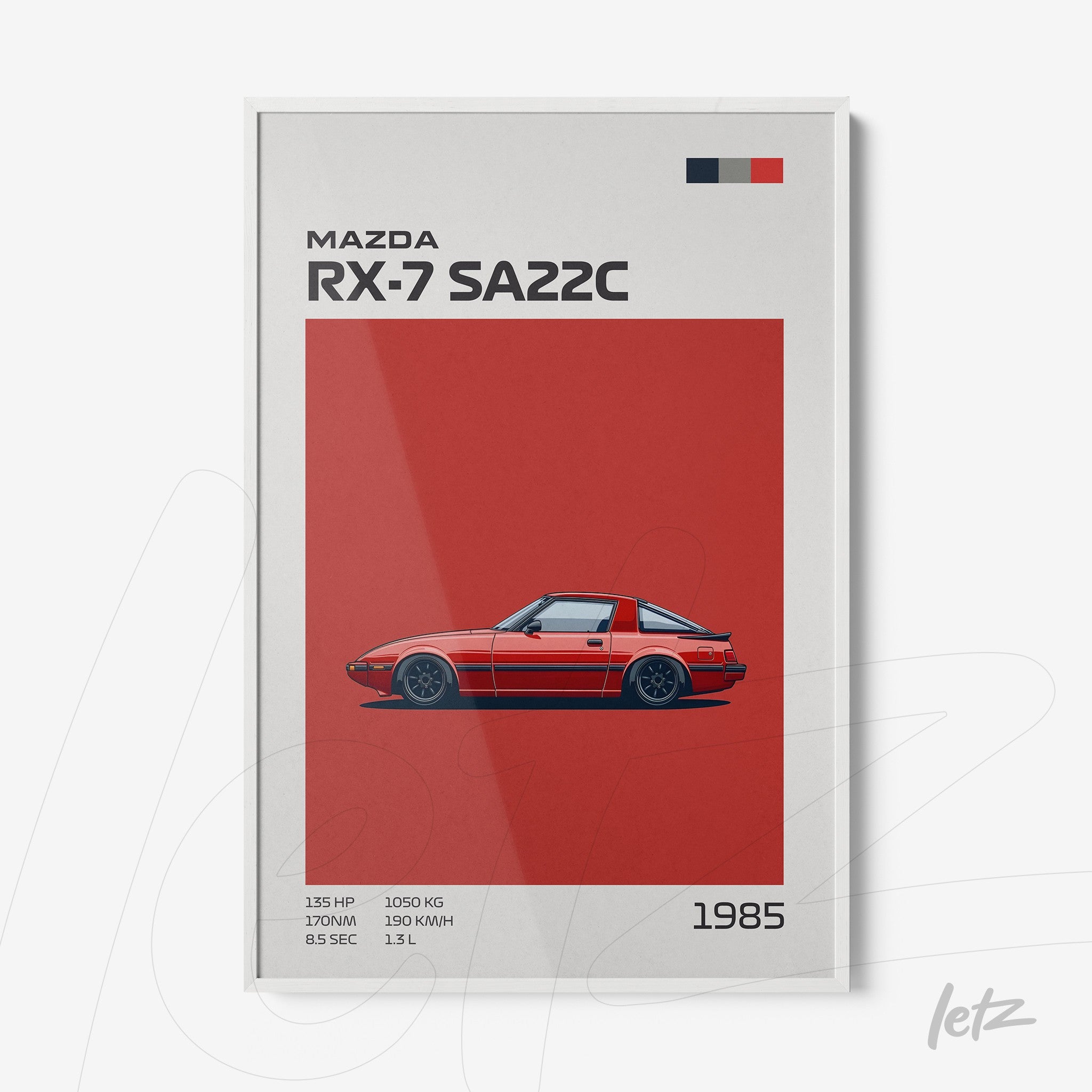 framed artwork featuring a retro illustration of the Mazda RX-7 SA22C against a vibrant red background with a white frame