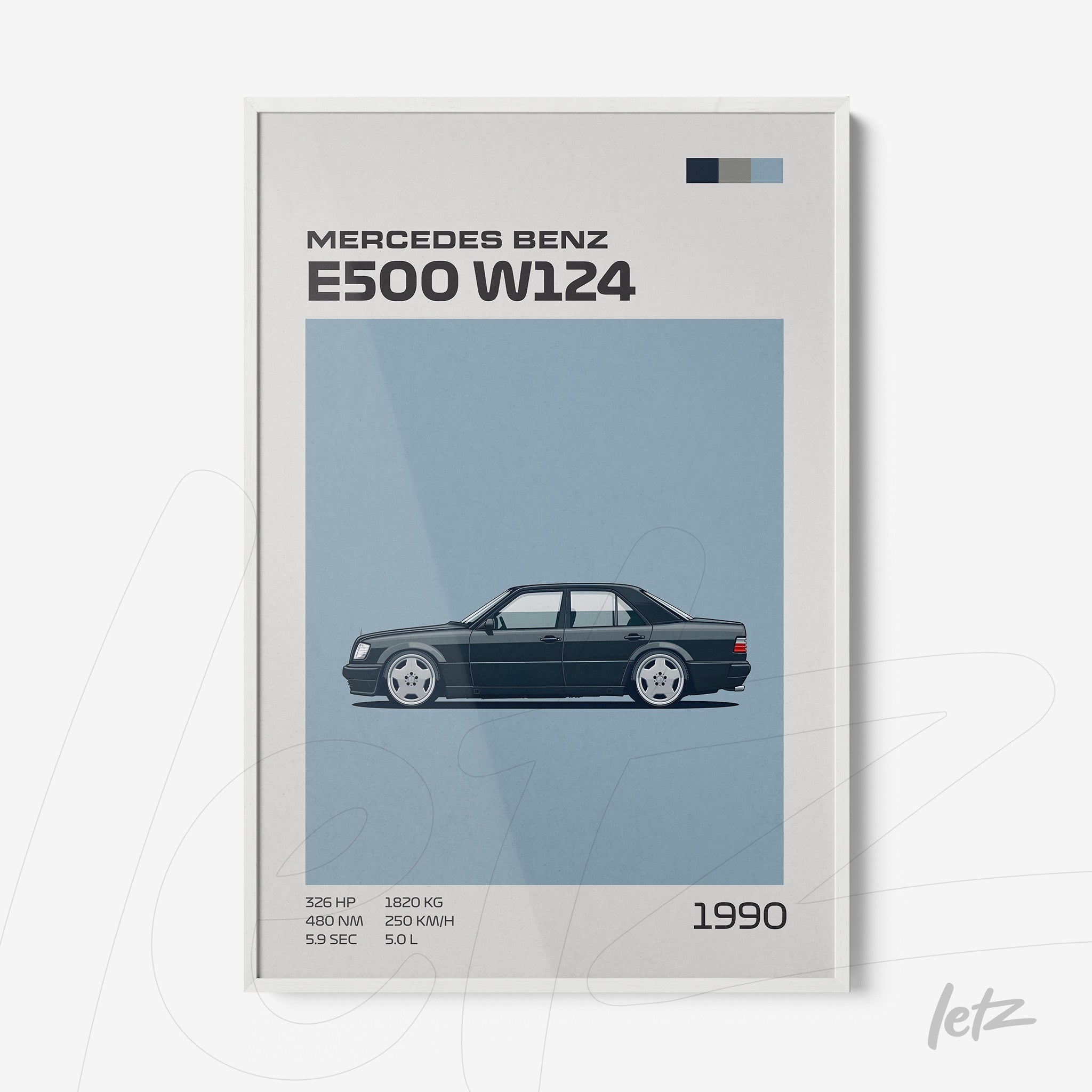 framed wall art featuring a minimalist illustration of a Mercedes Benz E500 W124 in a white frame