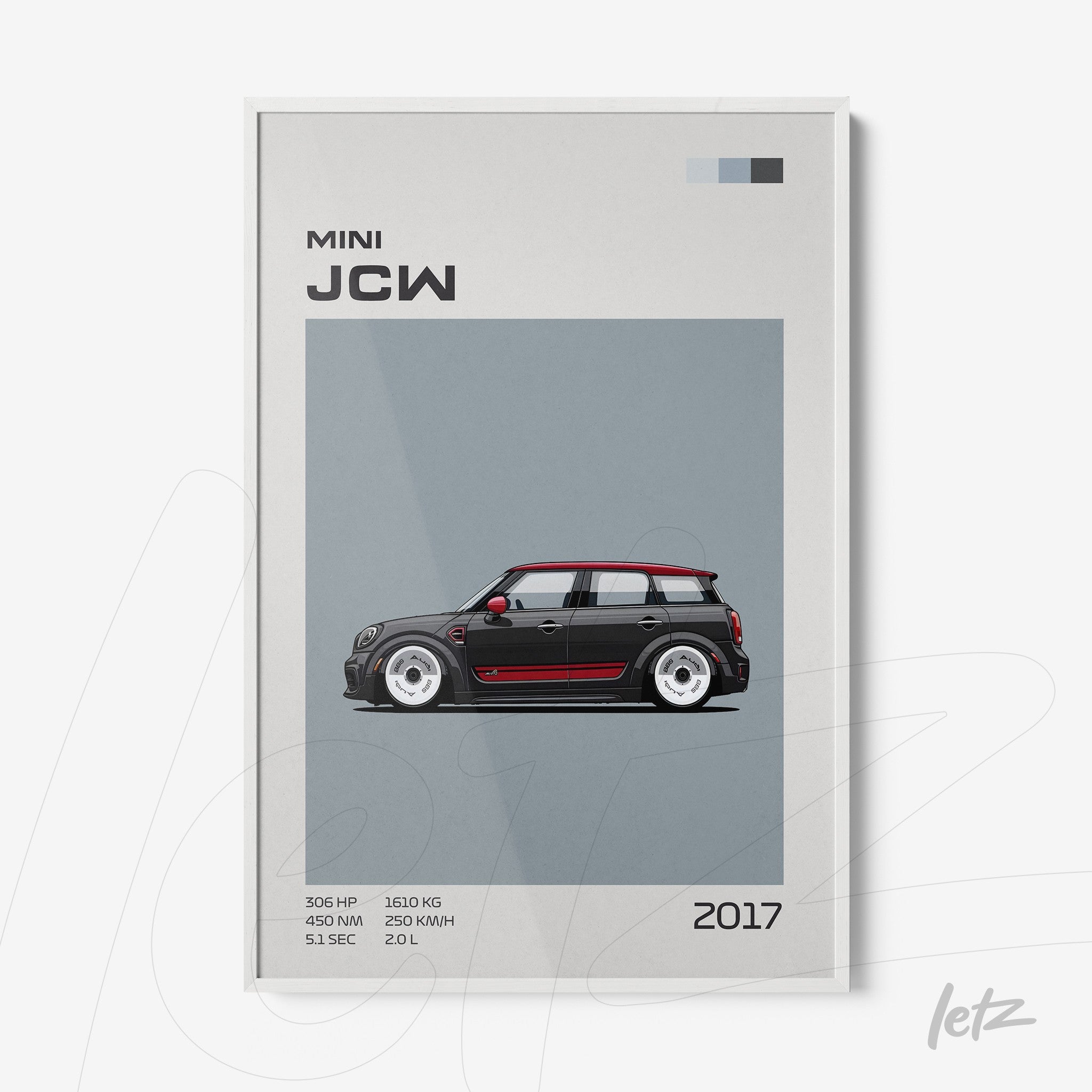 framed illustration of a 2017 Mini JCW car on gray background with white frame