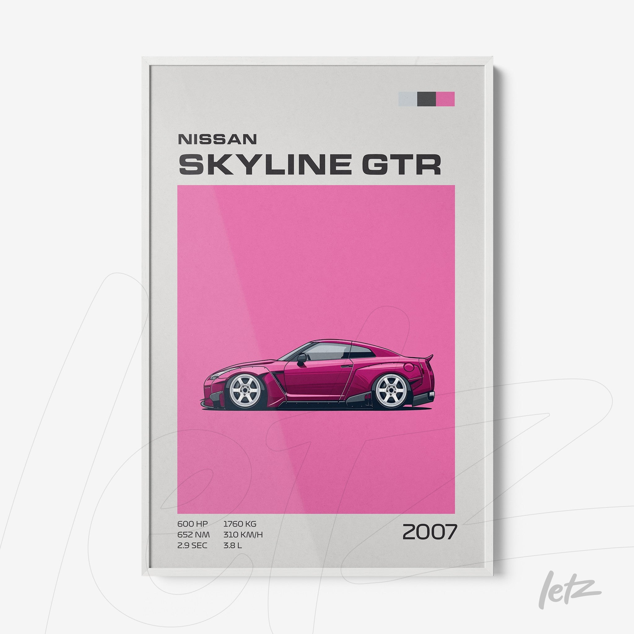 framed wall art featuring an illustration of Nissan Skyline GTR on a pink background with white frame