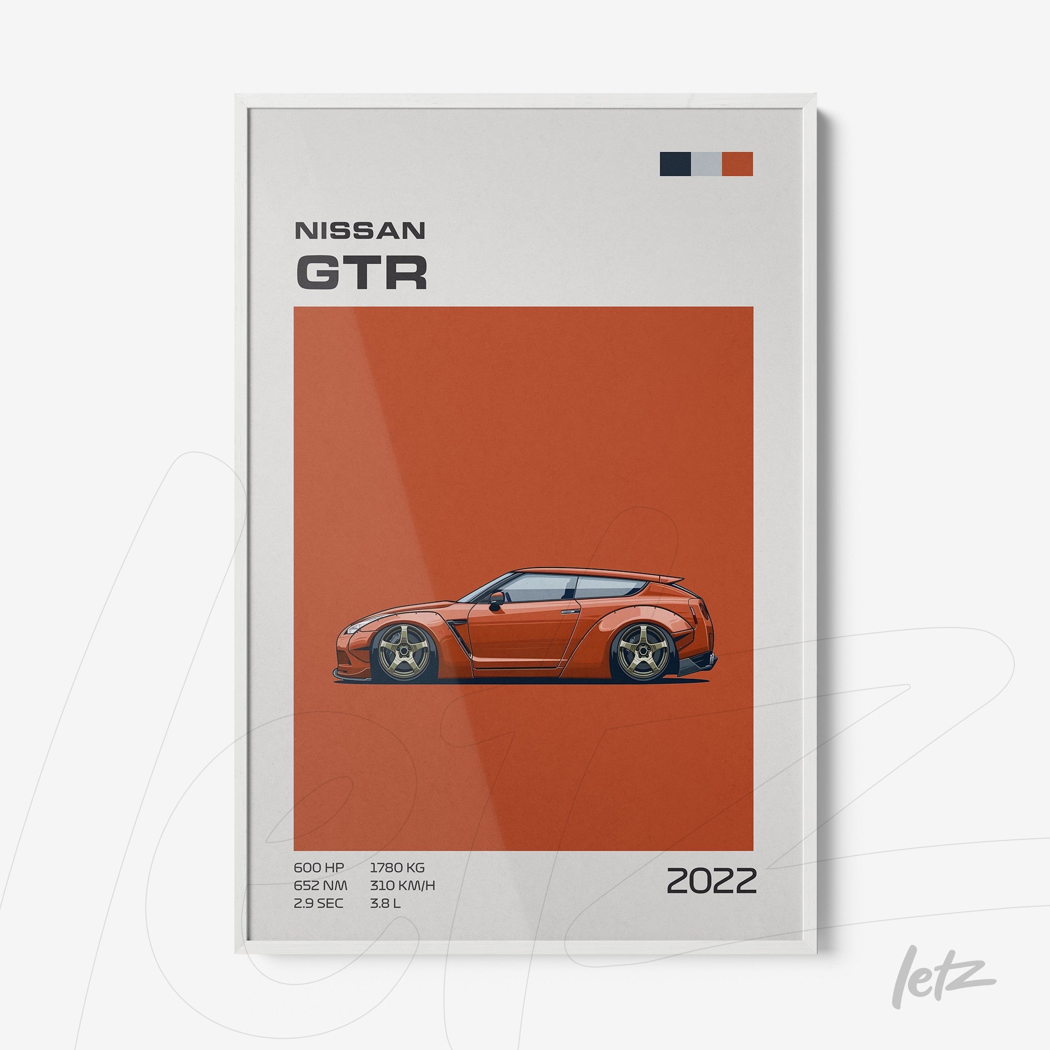 framed digital art of a Nissan GTR sports car on an orange background with white frame