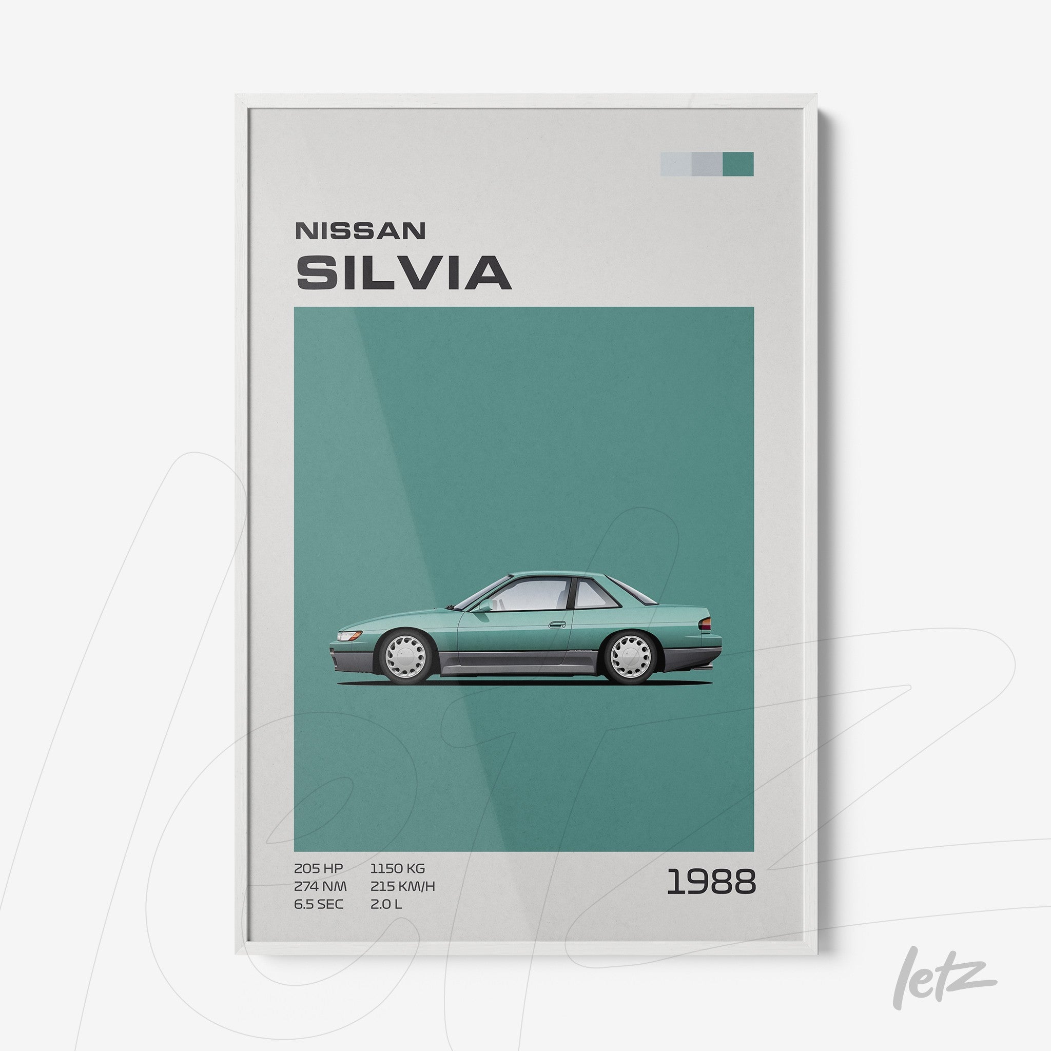 framed artwork of 1988 Nissan Silvia car illustration with white frame and teal background