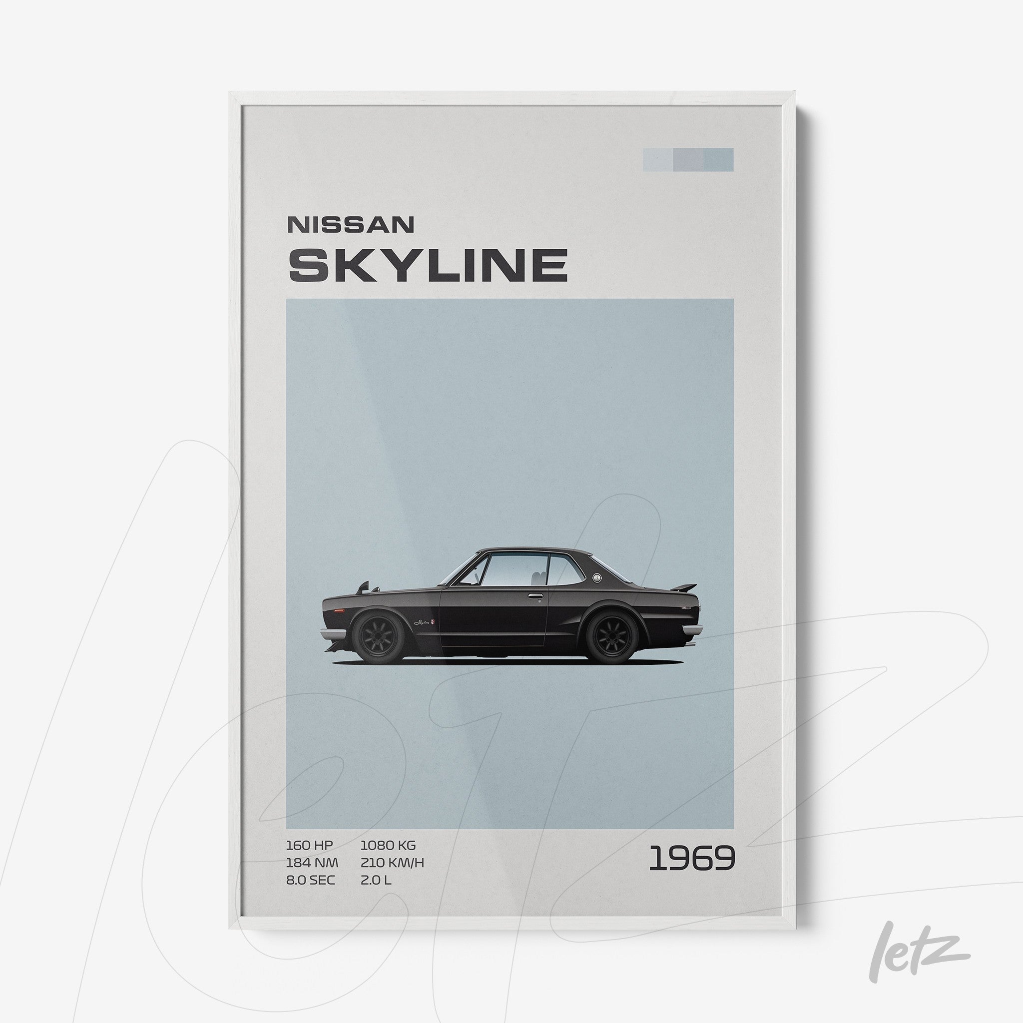 framed wall art featuring a 1969 Nissan Skyline illustration with a white frame