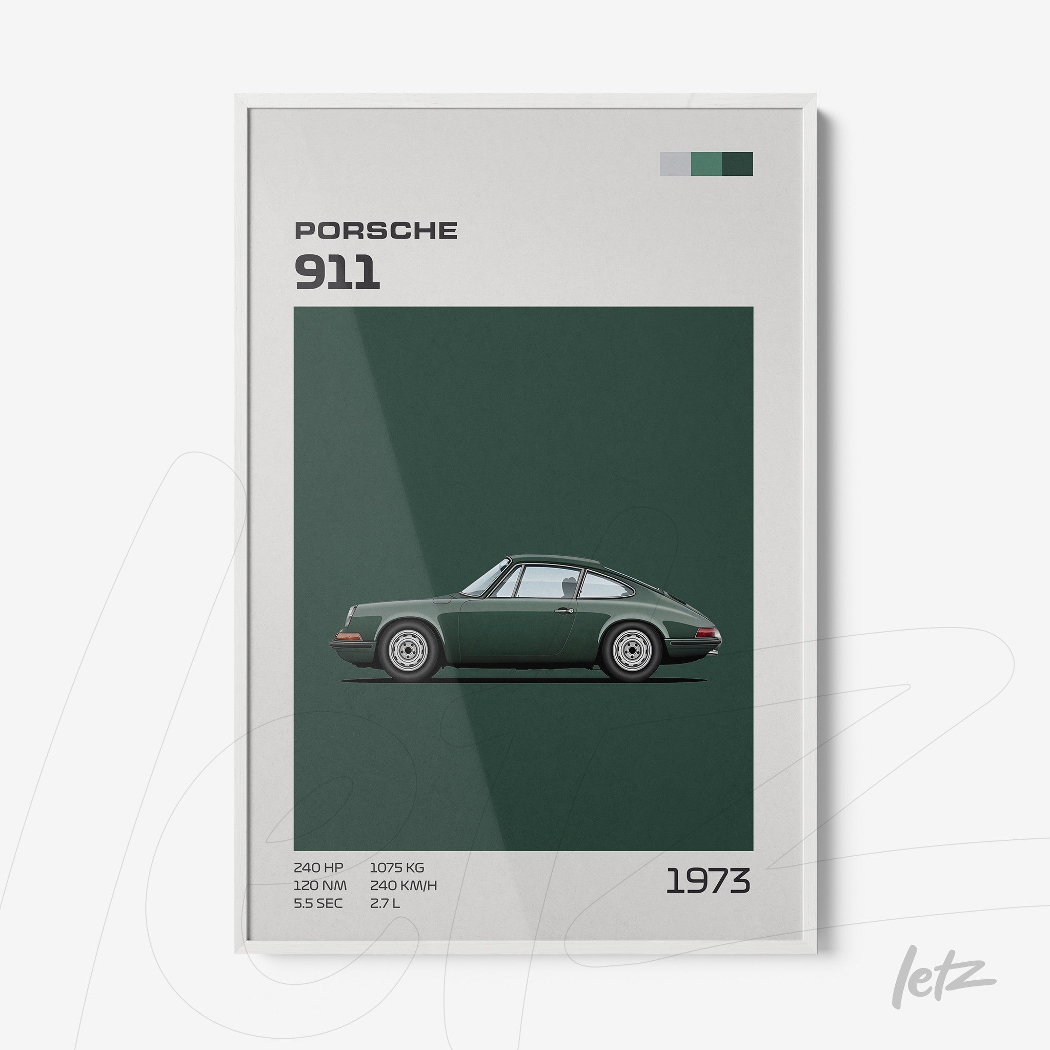 framed artwork featuring a 1973 Porsche 911 in dark green background with white frame