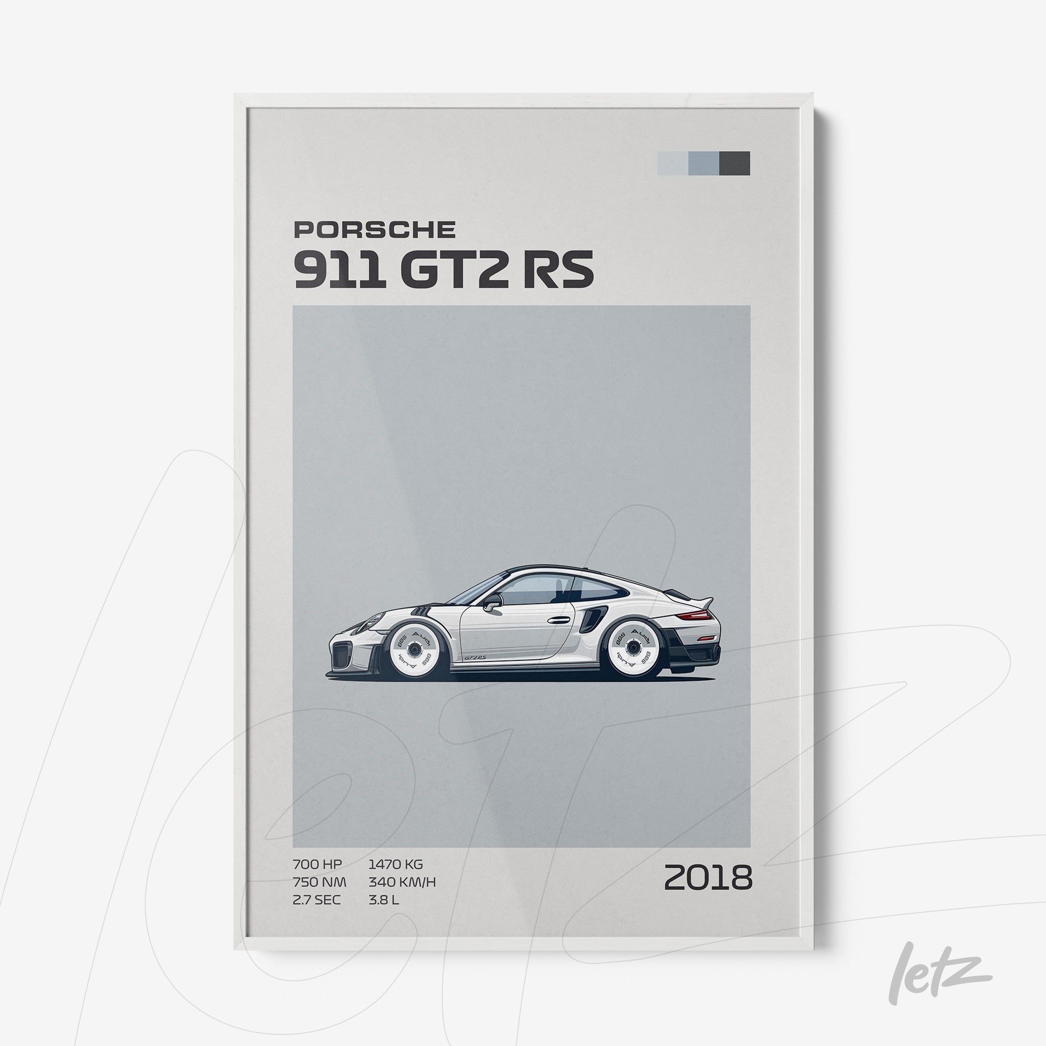 framed wall art featuring a digital illustration of Porsche 911 GT2 RS sports car in white frame