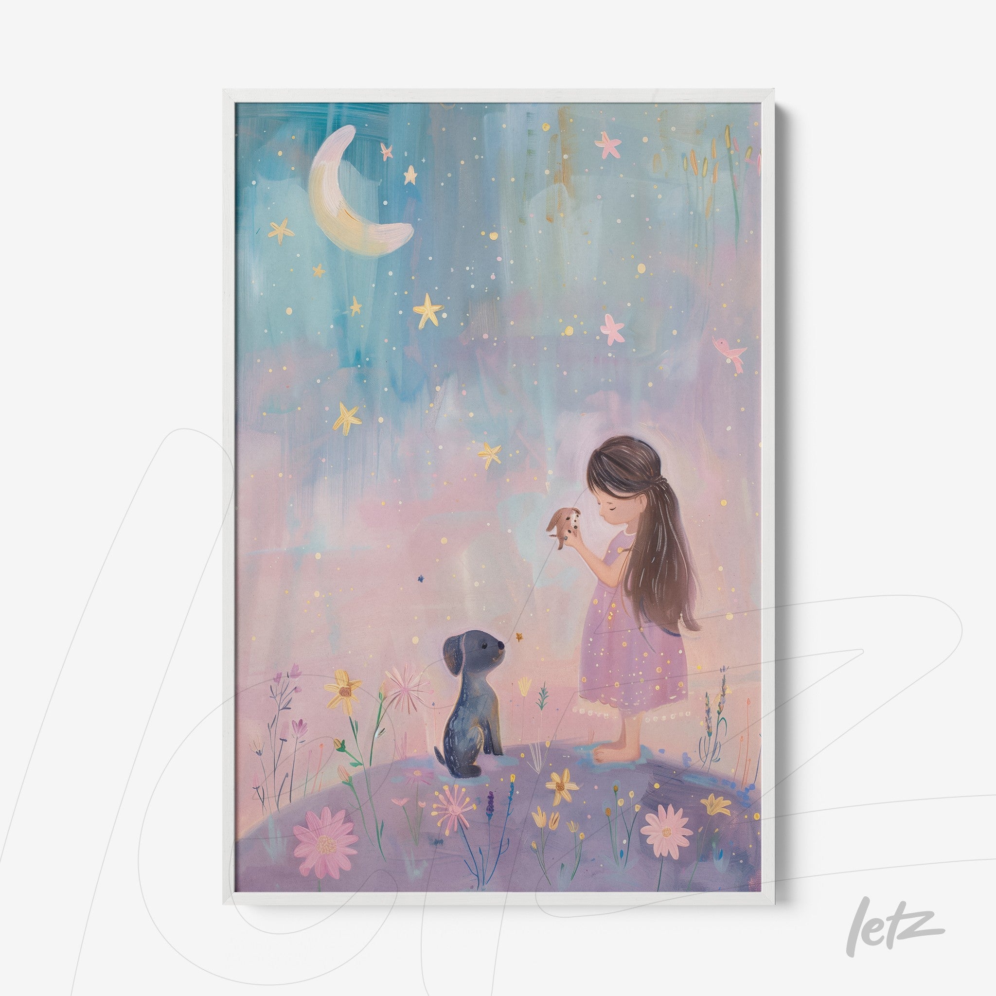 children's art featuring a girl in a pink dress with a dog under a starry sky in blue and lavender hues