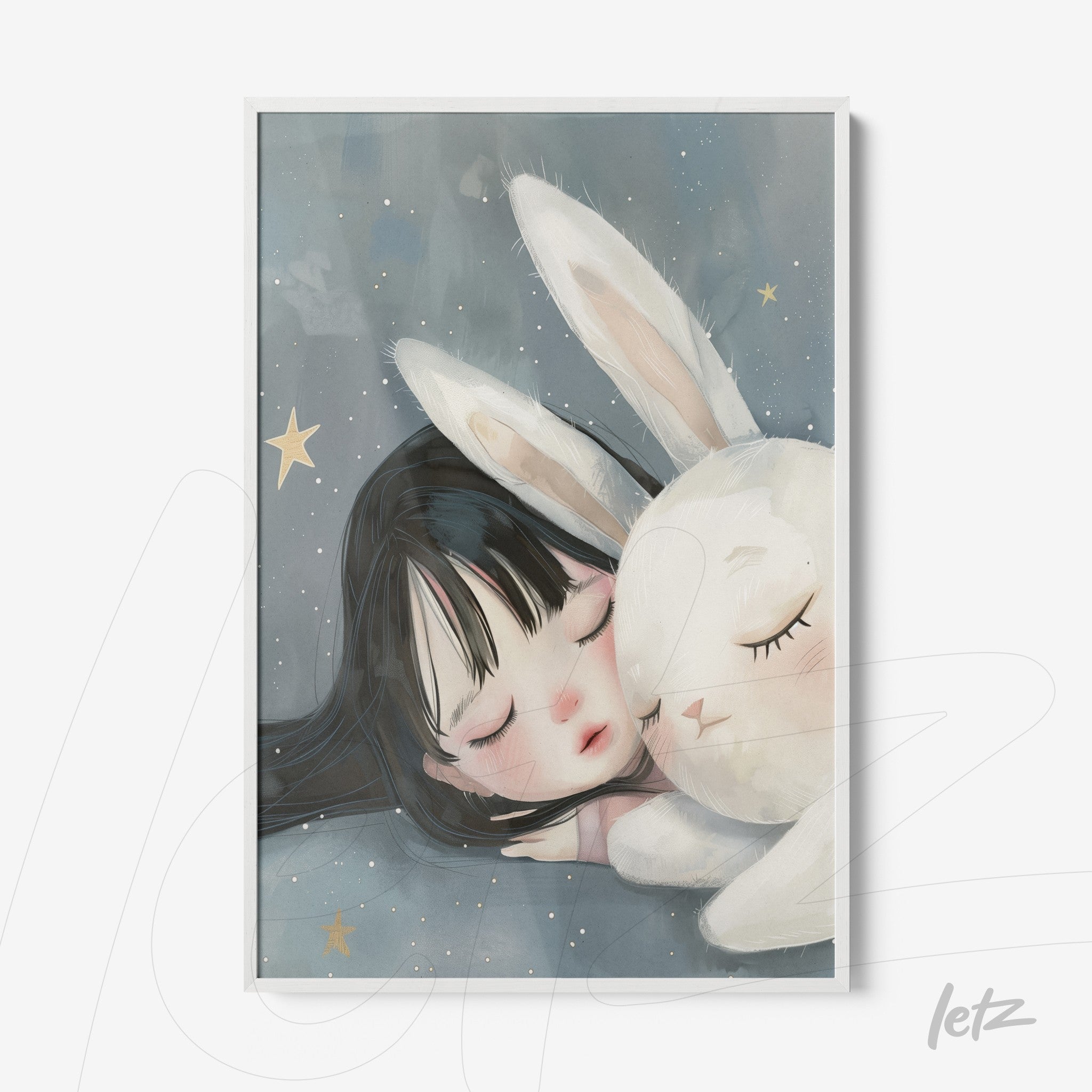 framed artwork featuring a gentle illustration of a sleeping girl beside a white rabbit on a blue background with stars