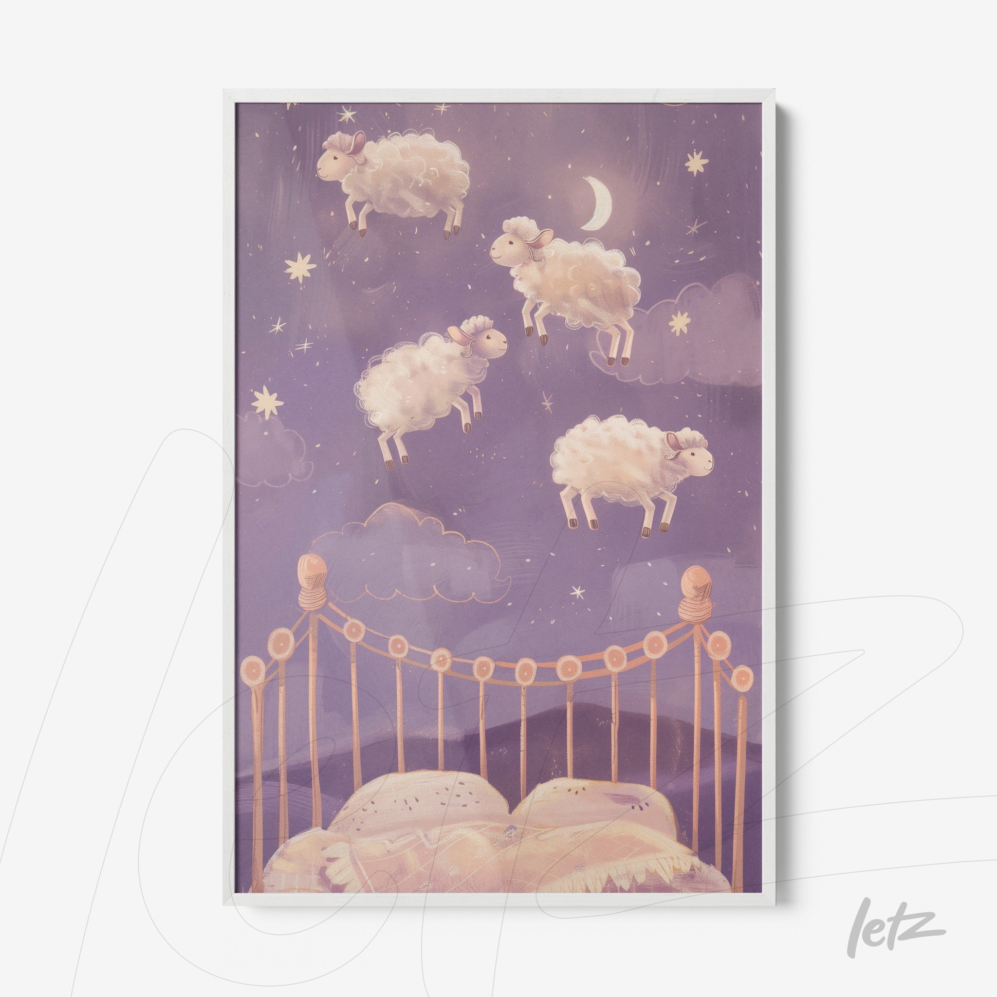 decorative wall art featuring floating sheep over a bed against a starry purple background with a white frame