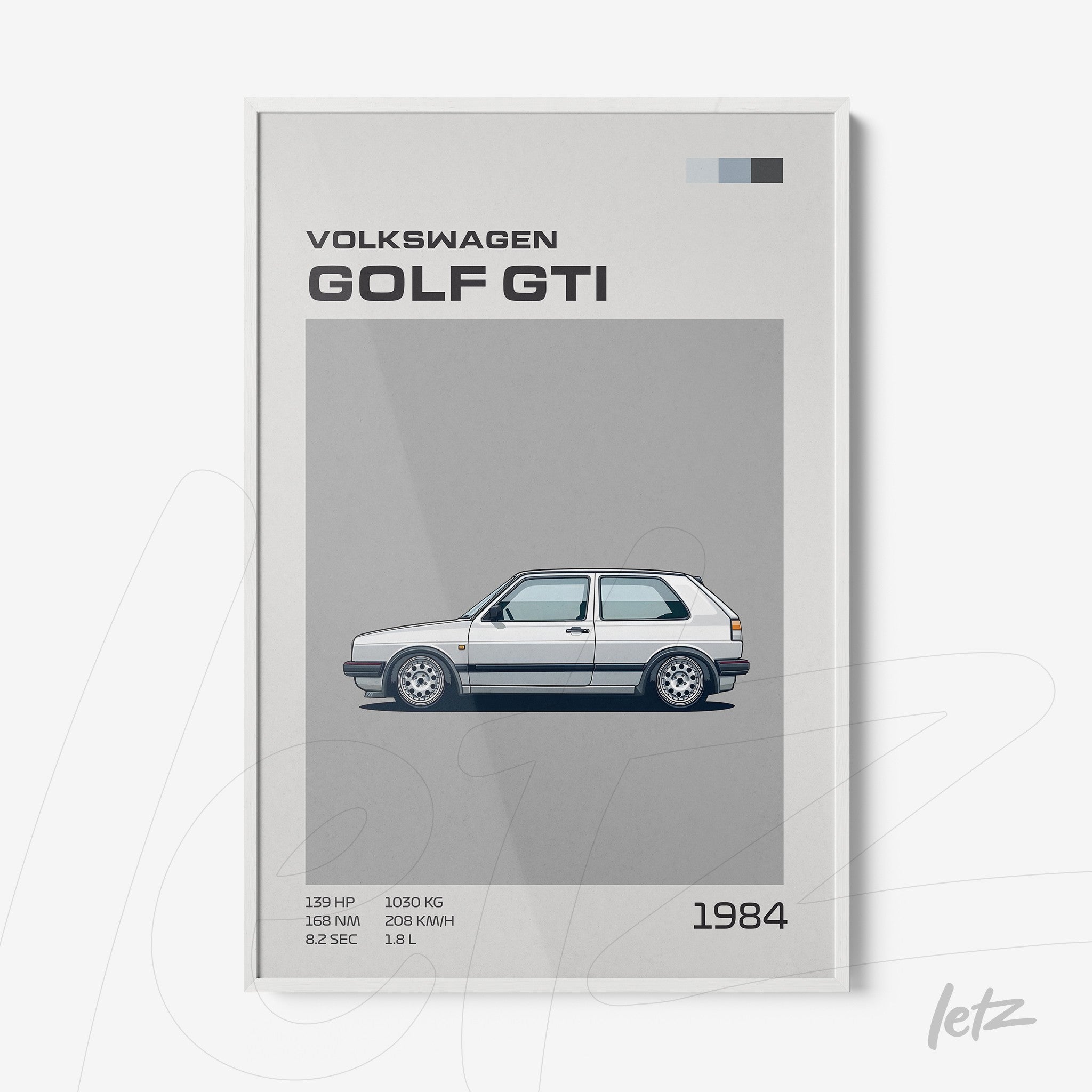 framed digital art of a 1984 Volkswagen Golf GTI with a white frame