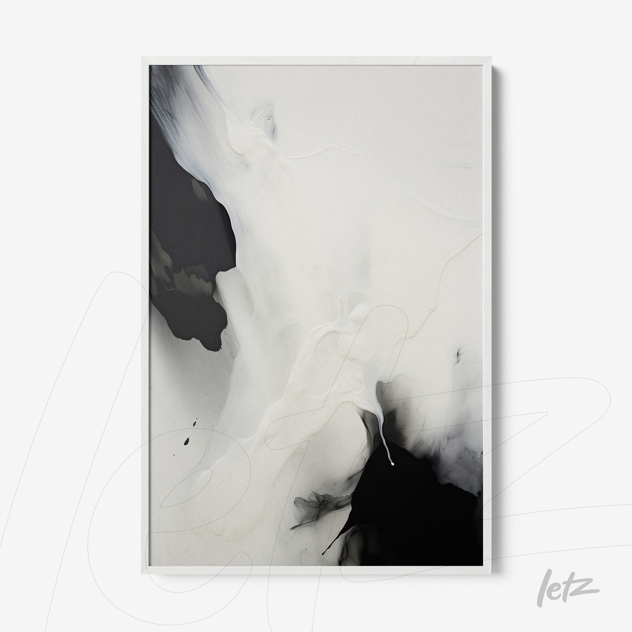 abstract wall art in black and white framed with a white frame