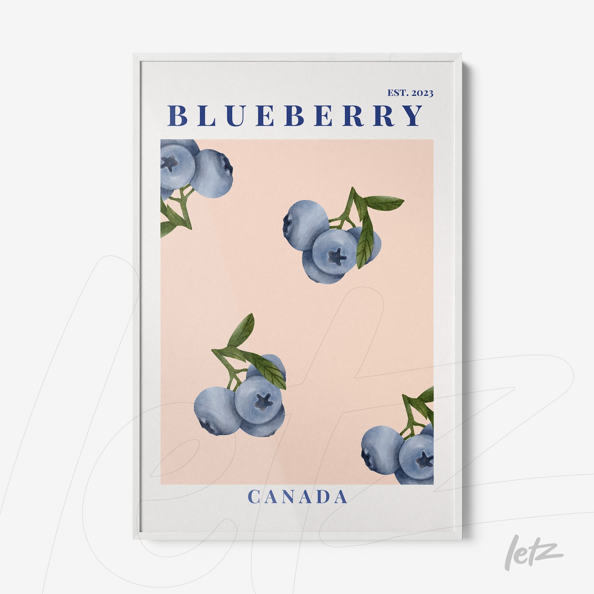 framed watercolor art of blueberries on pink background with white frame