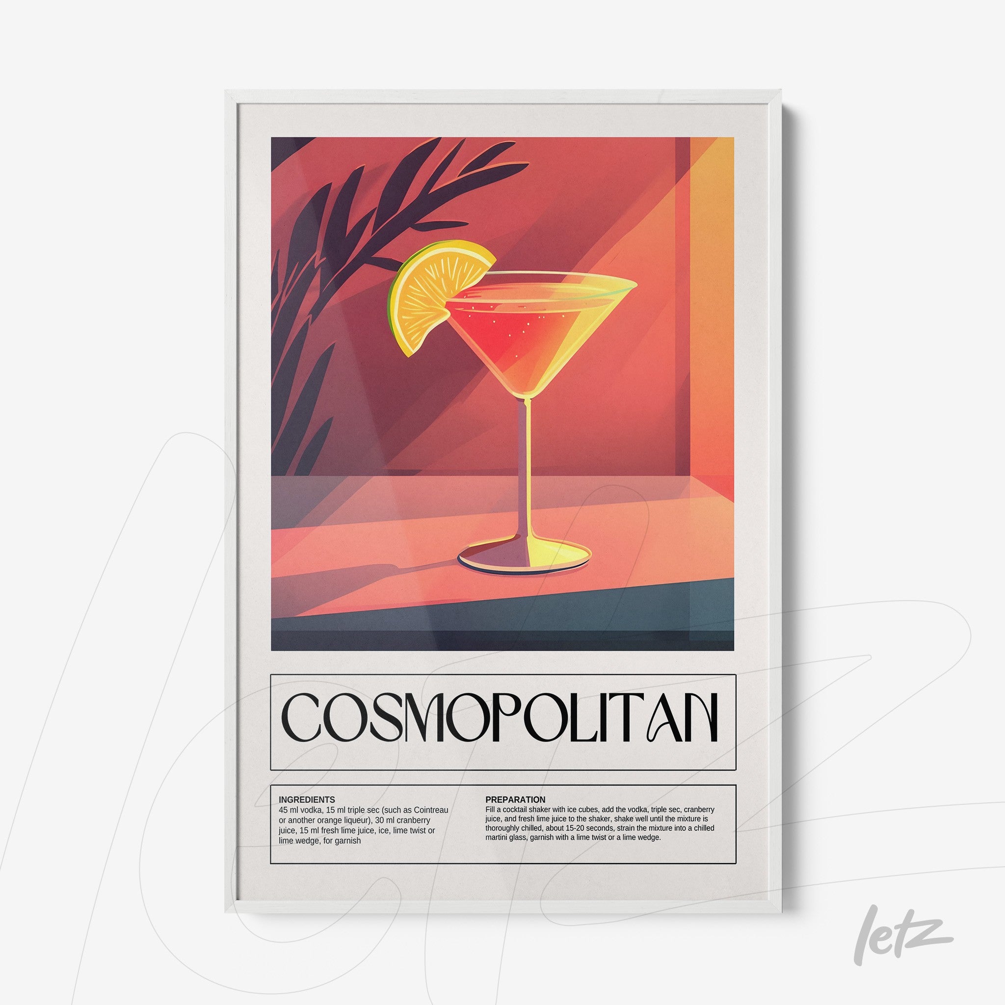framed wall art featuring digital illustration of cosmopolitan cocktail with white frame, warm orange lighting background and leaf details
