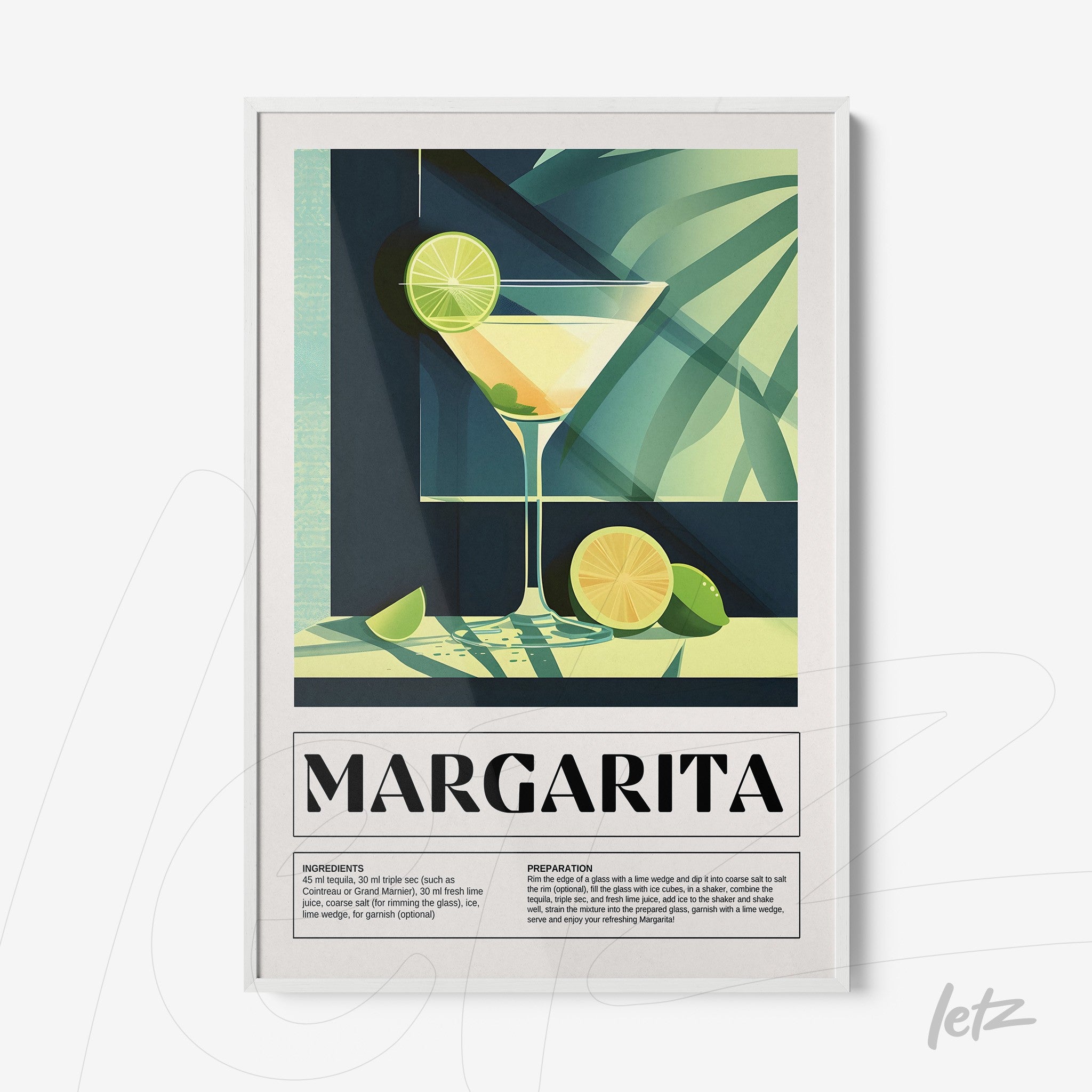 framed wall art of margarita cocktail with tropical background and white frame