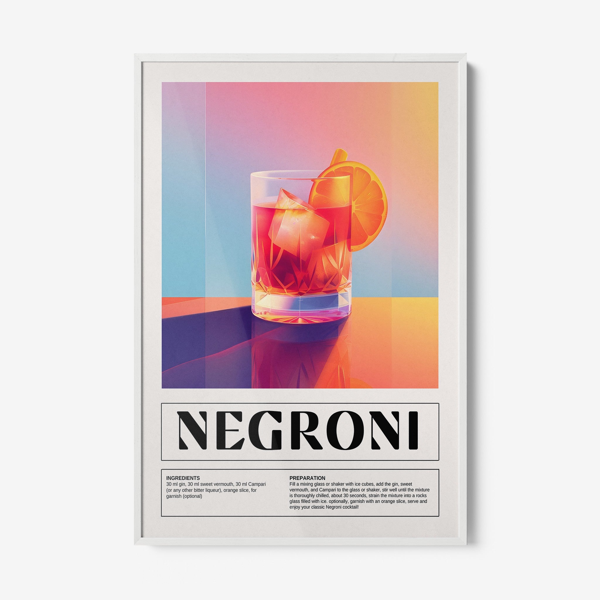 framed digital art of a negroni cocktail in a glass with ice, set against a vibrant gradient background