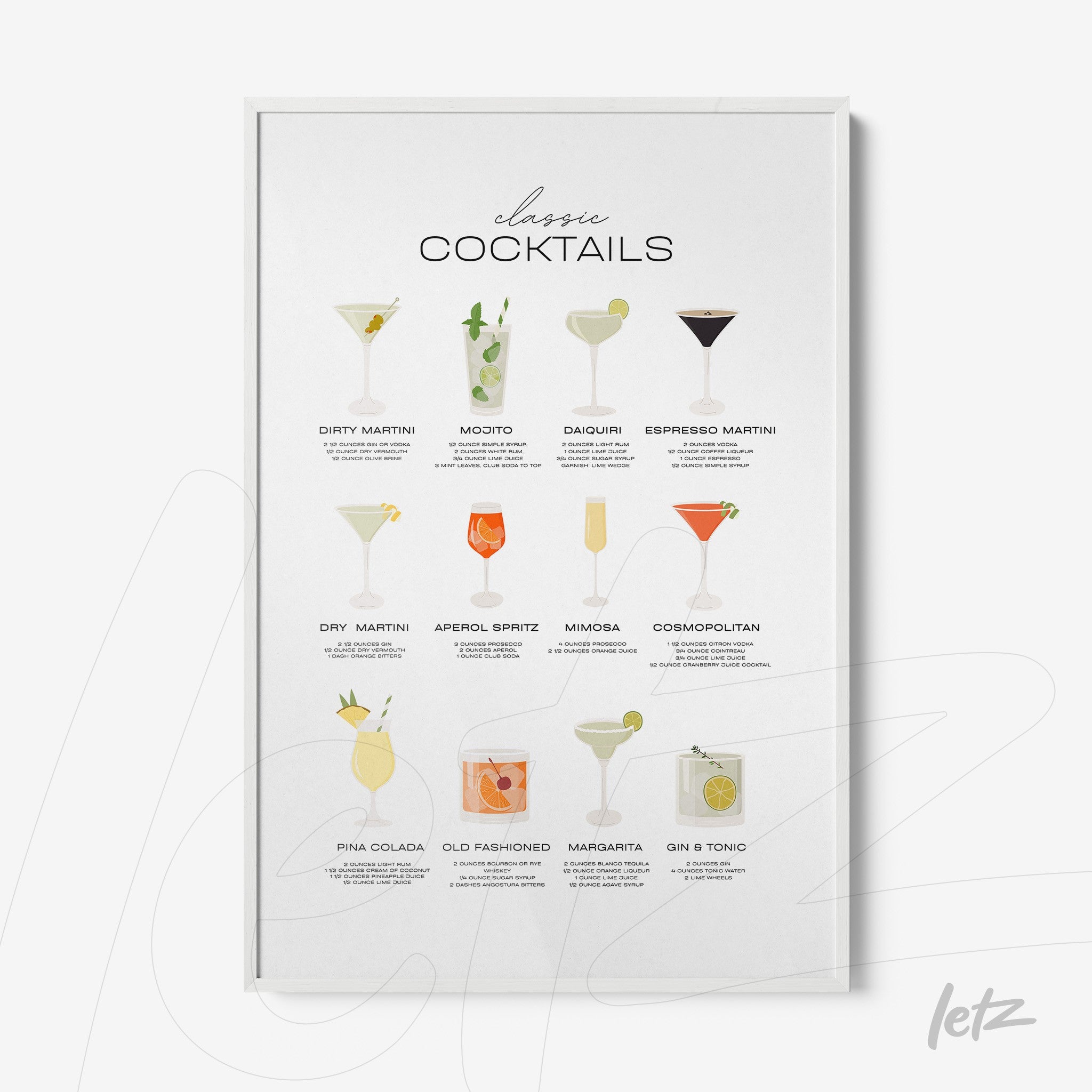 framed wall art featuring illustrations of classic cocktails like margarita and piña colada on a white background
