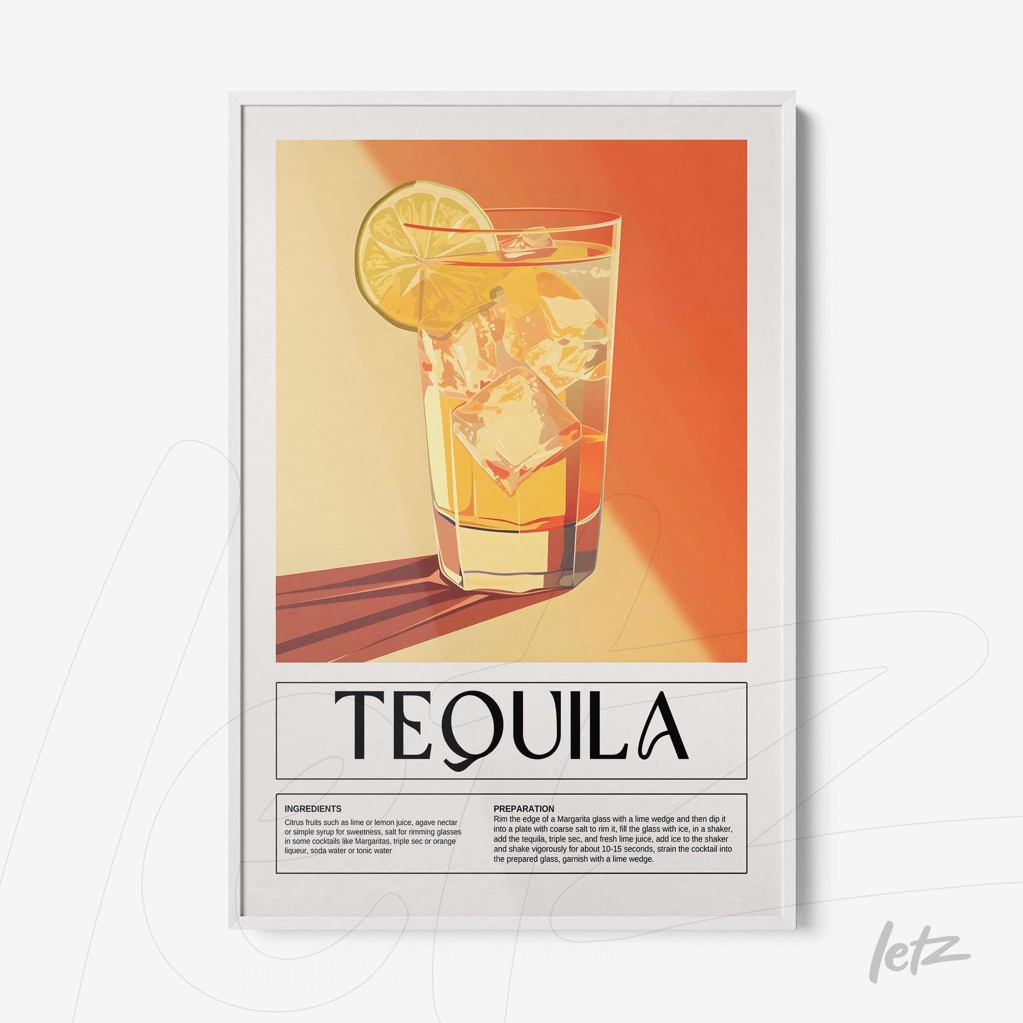retro style framed art of tequila drink with white frame and orange background