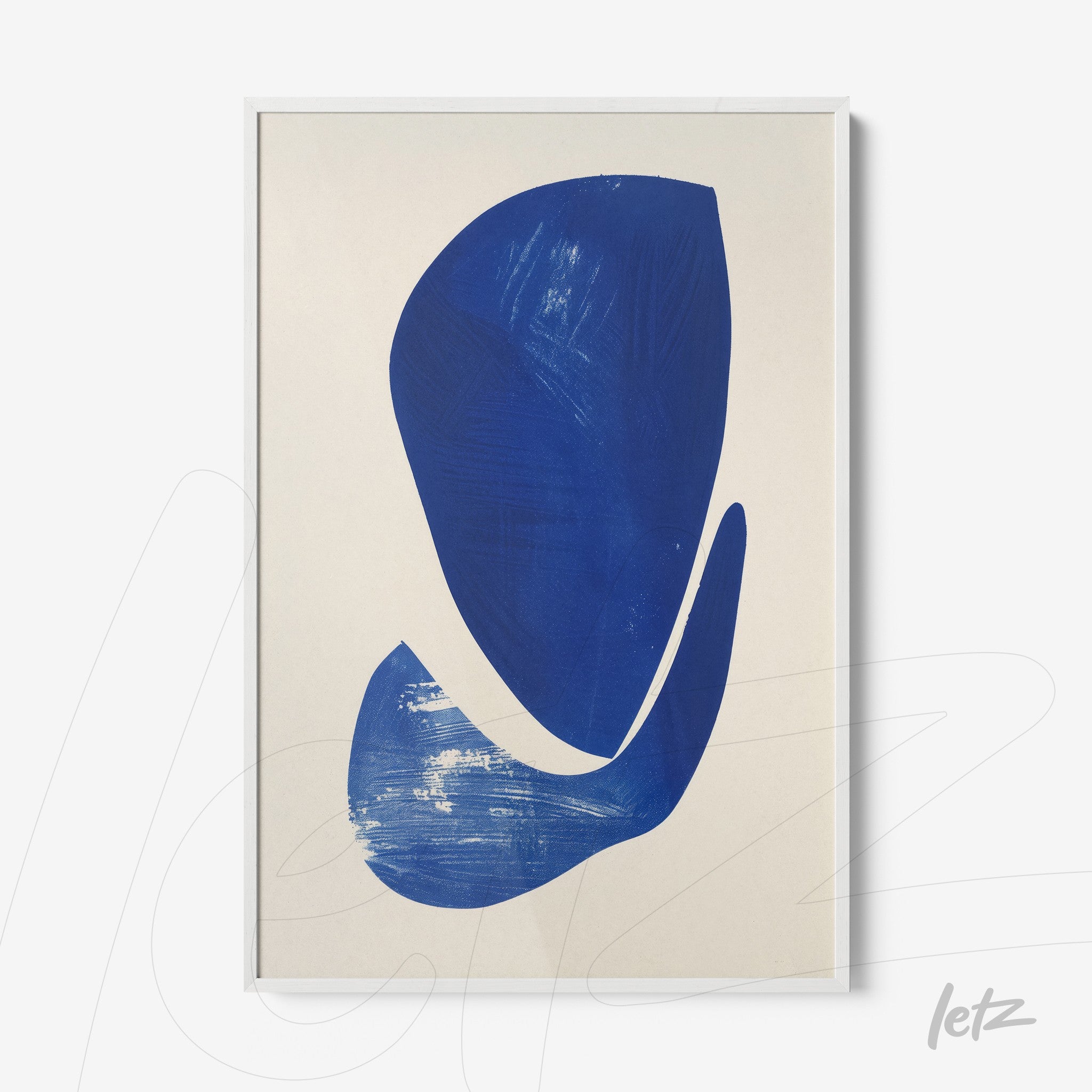 abstract wall art in blue on a light background with white frame