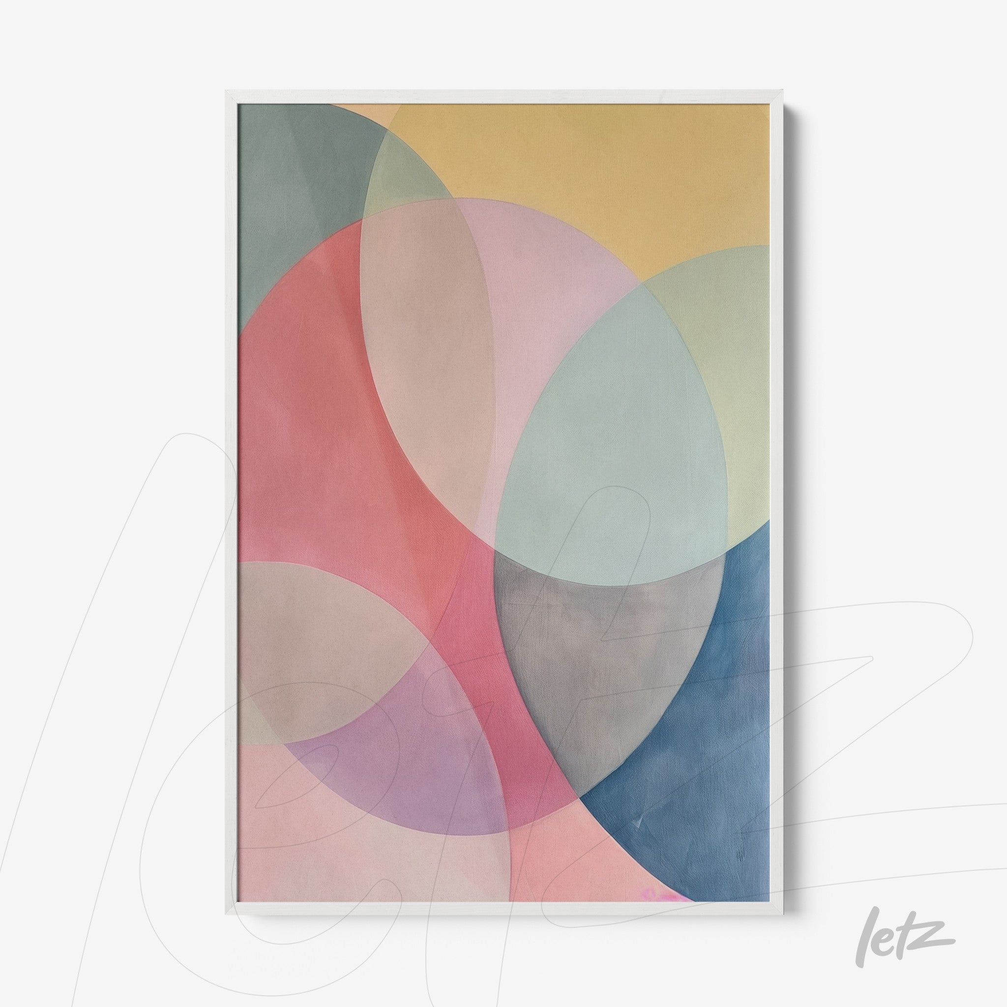 framed abstract art piece featuring overlapping circular shapes in soft tones of pink, blue, and yellow