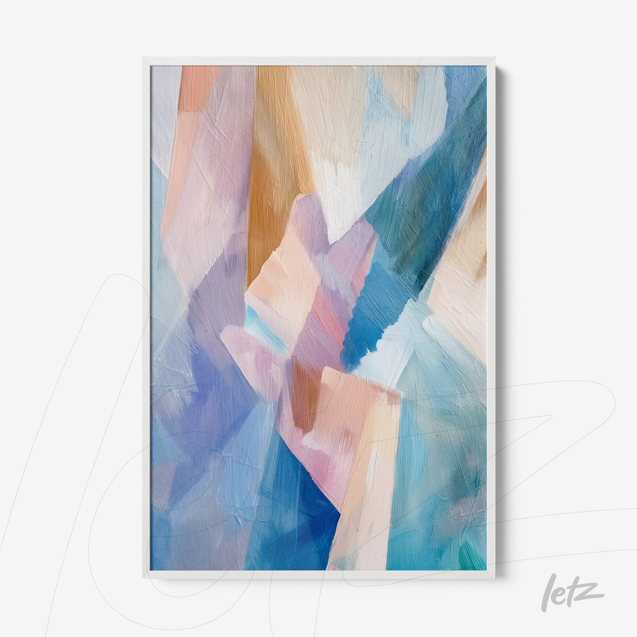 framed abstract art in shades of blue, pink, and orange with a white frame