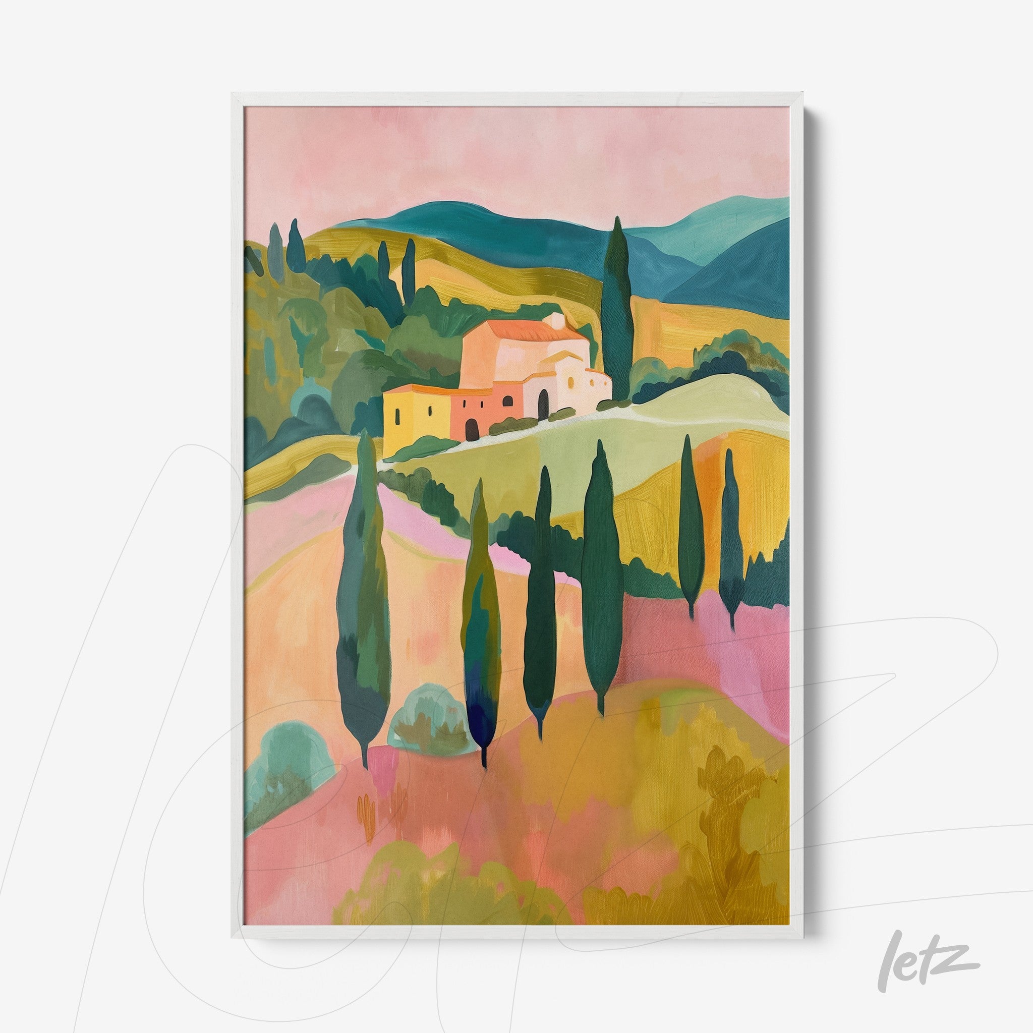 framed wall art featuring a vibrant countryside landscape with green hills and yellow houses