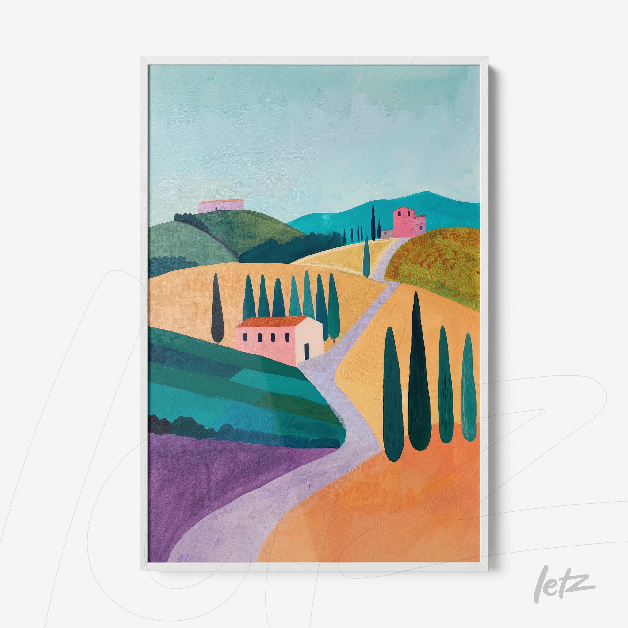 framed artwork depicting a tuscan landscape with green hills, pink houses, and cypress trees in white frame