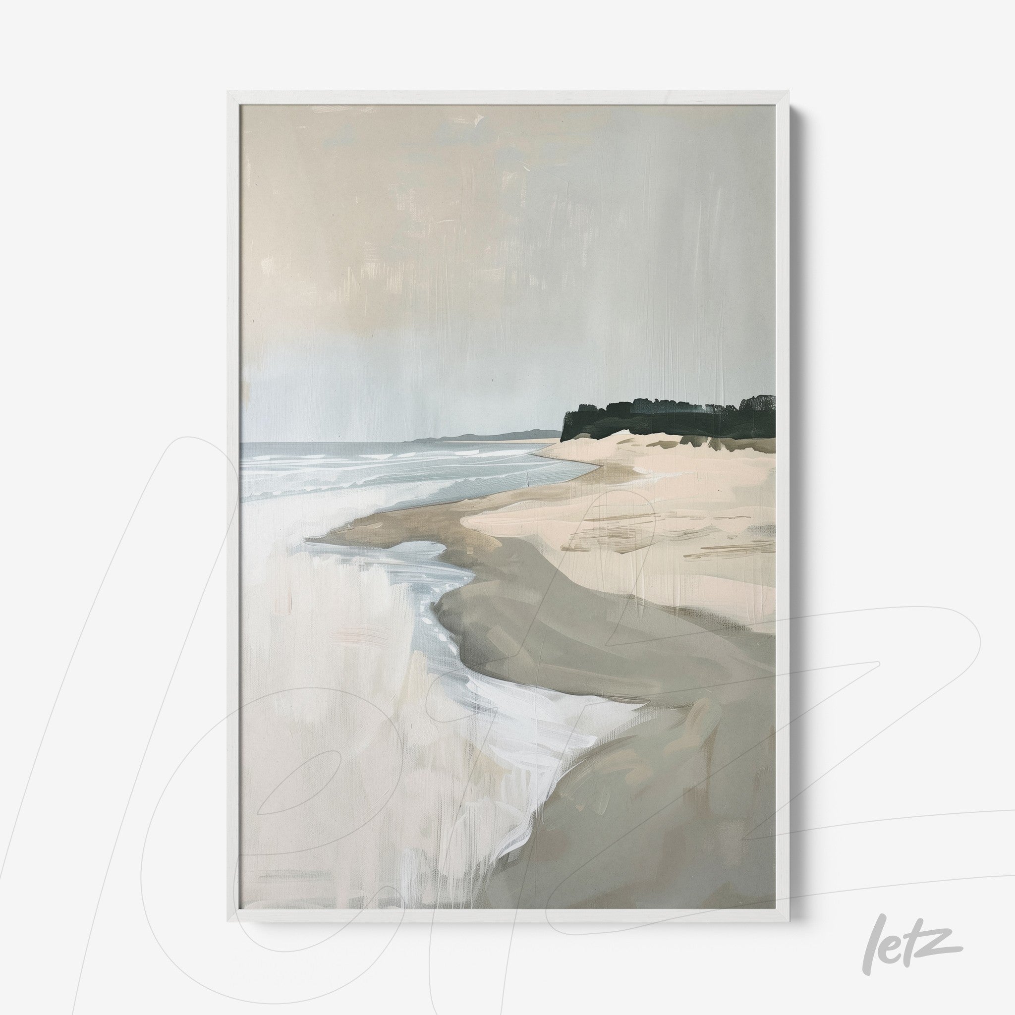framed abstract art of a beach landscape with soft colors and white frame
