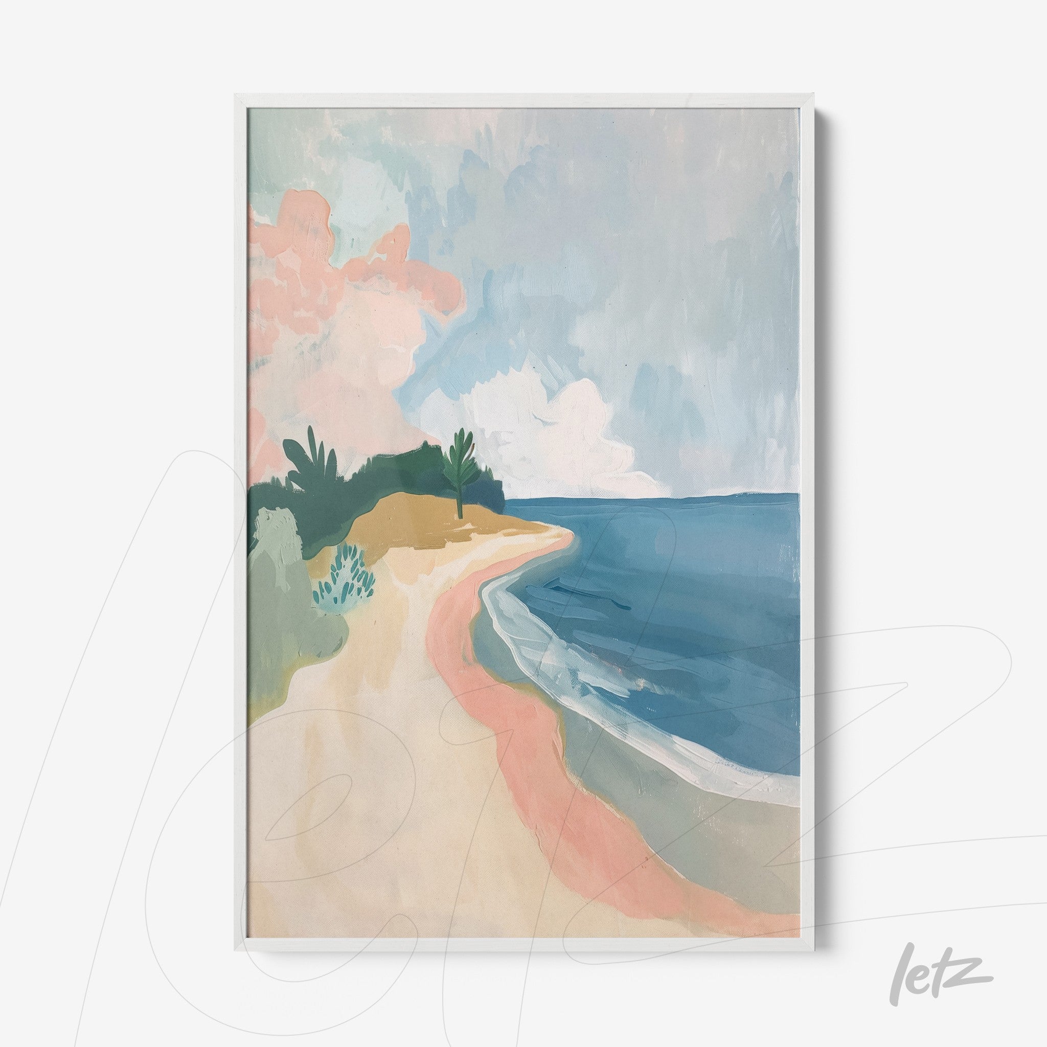 framed art piece depicting an abstract beach scene in soft colors with blue sky and clouds