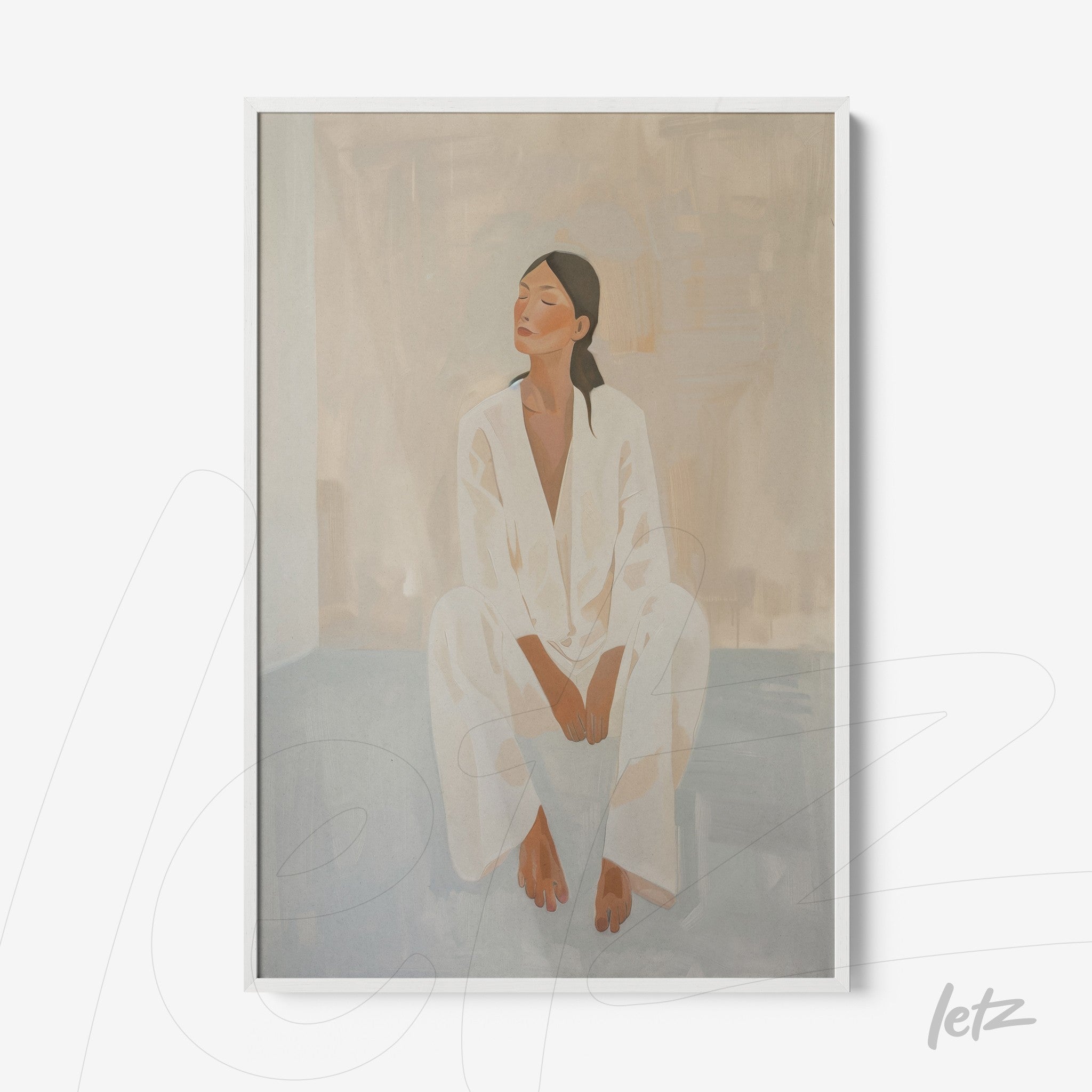 framed minimalist art of a woman sitting in white clothes
