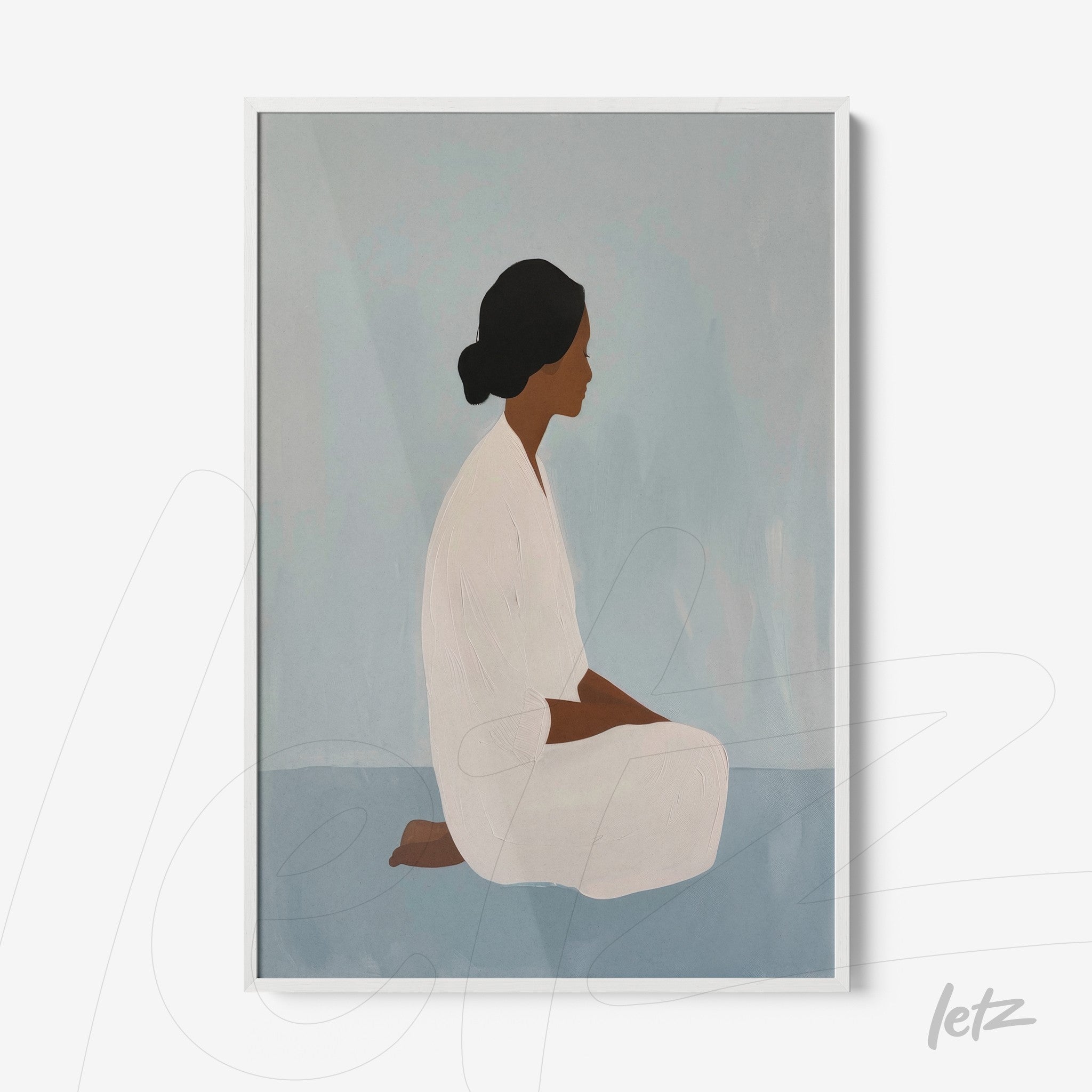 minimalist framed art depicting a female figure sitting in profile against a soft blue background