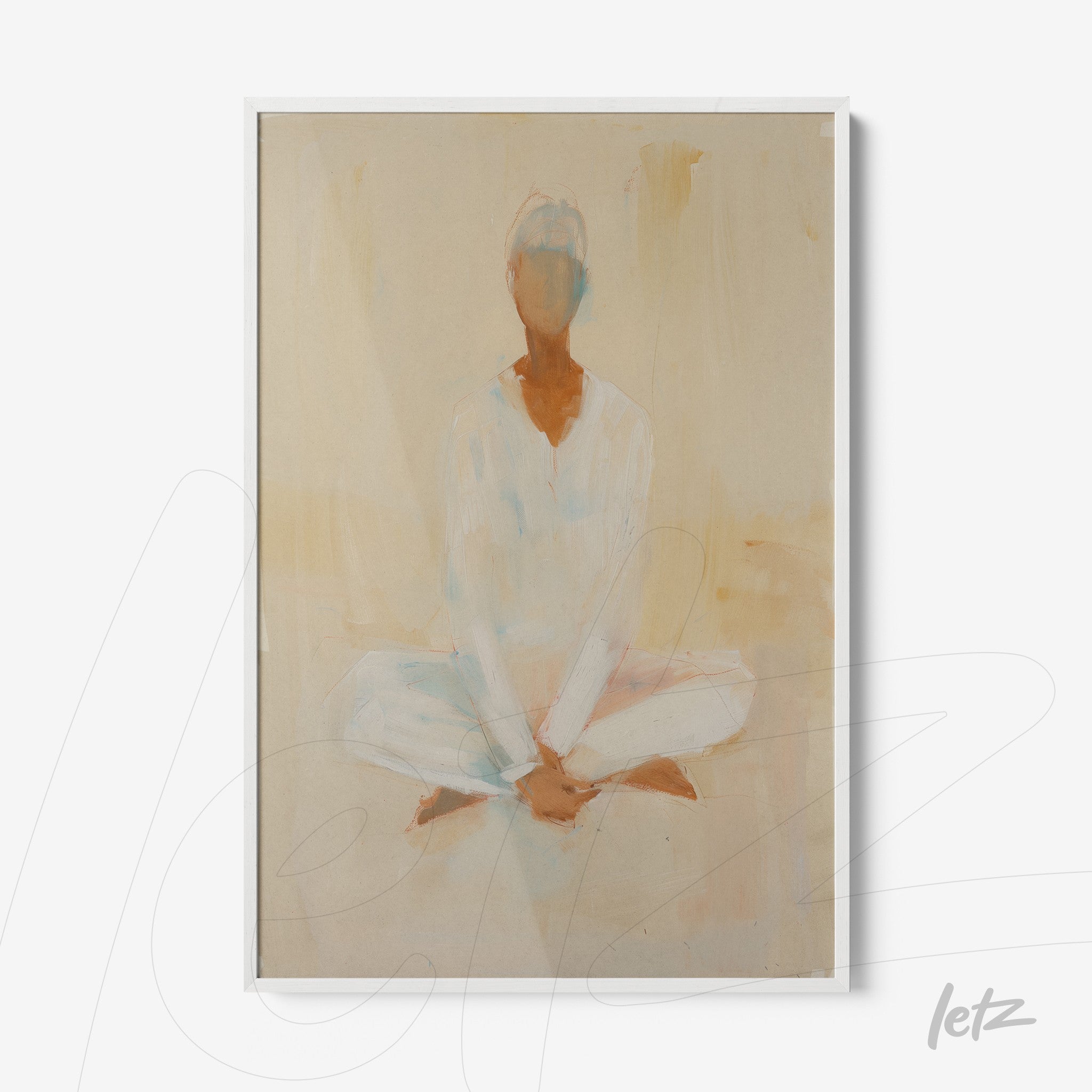 framed abstract art of a seated figure in meditation pose with soft pastel background and thin white frame