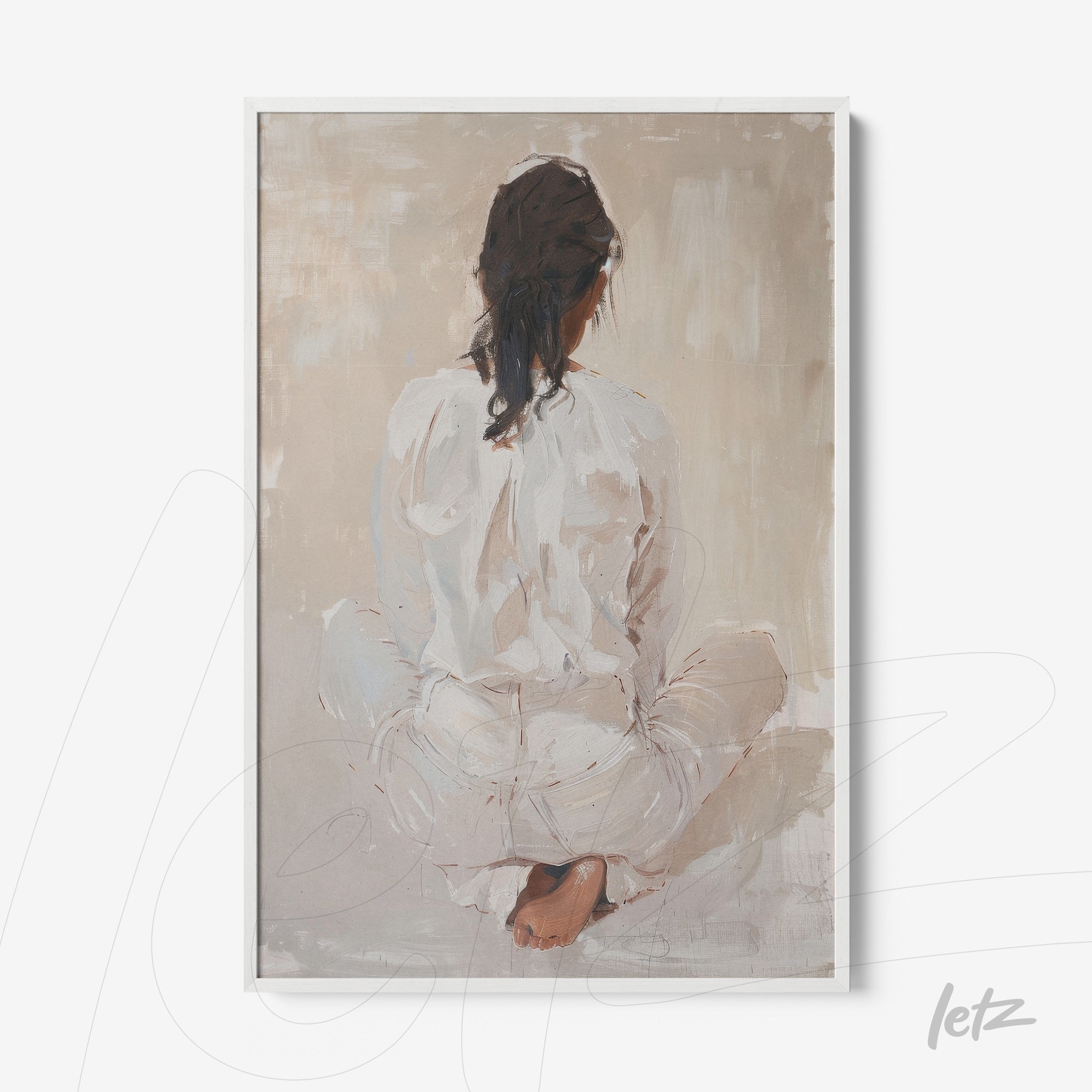 framed minimalist portrait of a seated woman seen from behind with a white frame