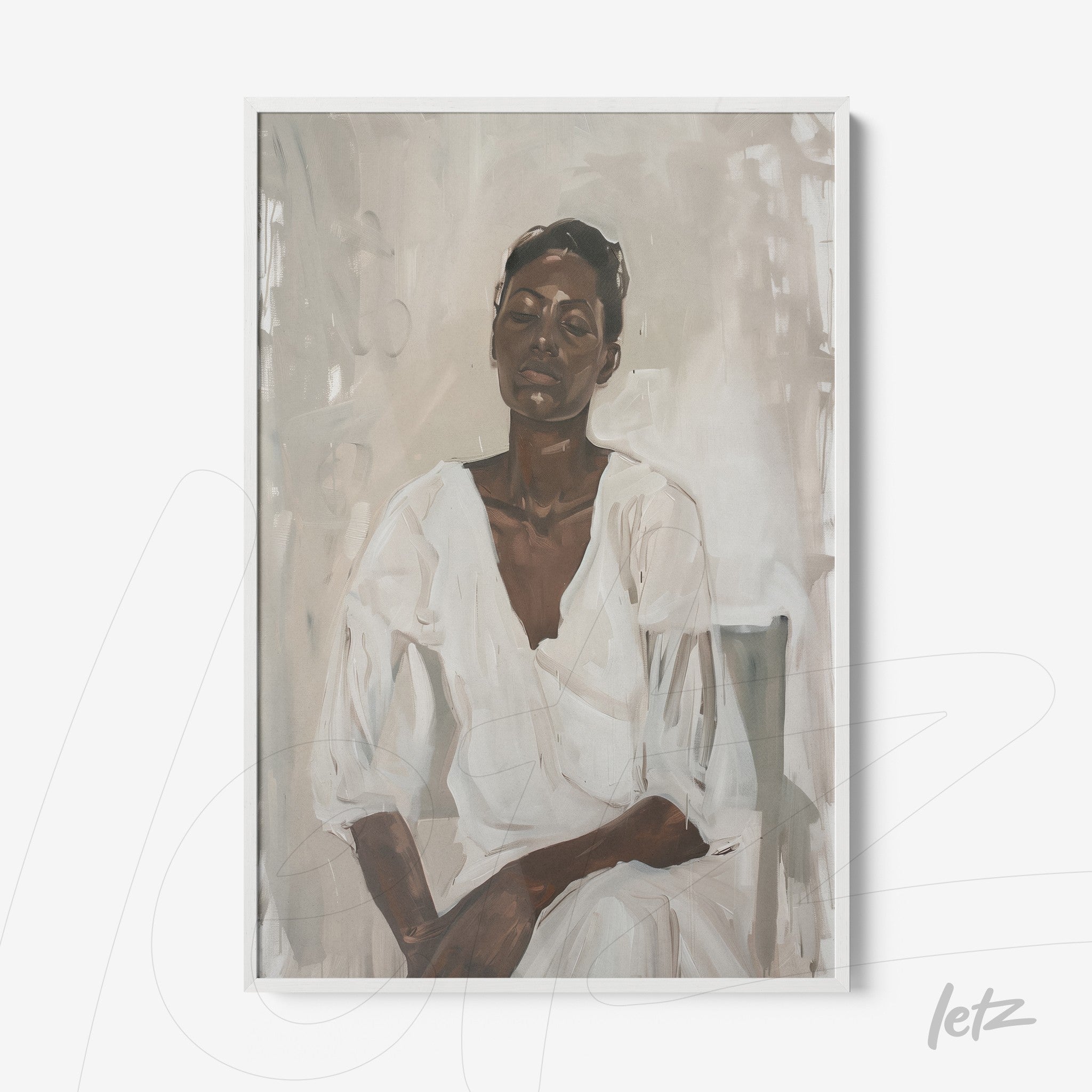 framed wall art featuring a portrait of a dark-skinned woman in neutral tones with white frame