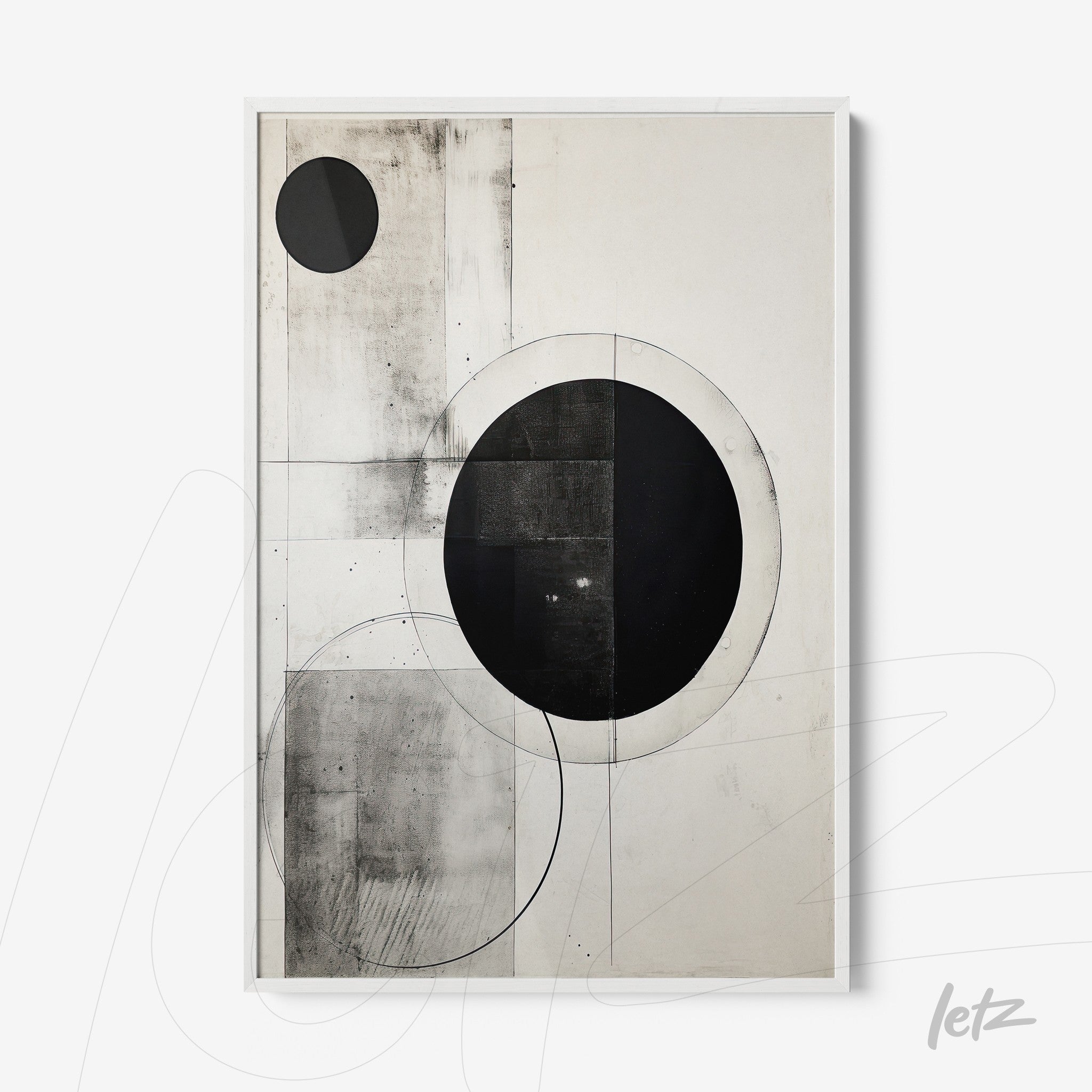 modern black and white wall art featuring geometric circles and abstract shapes in white frame