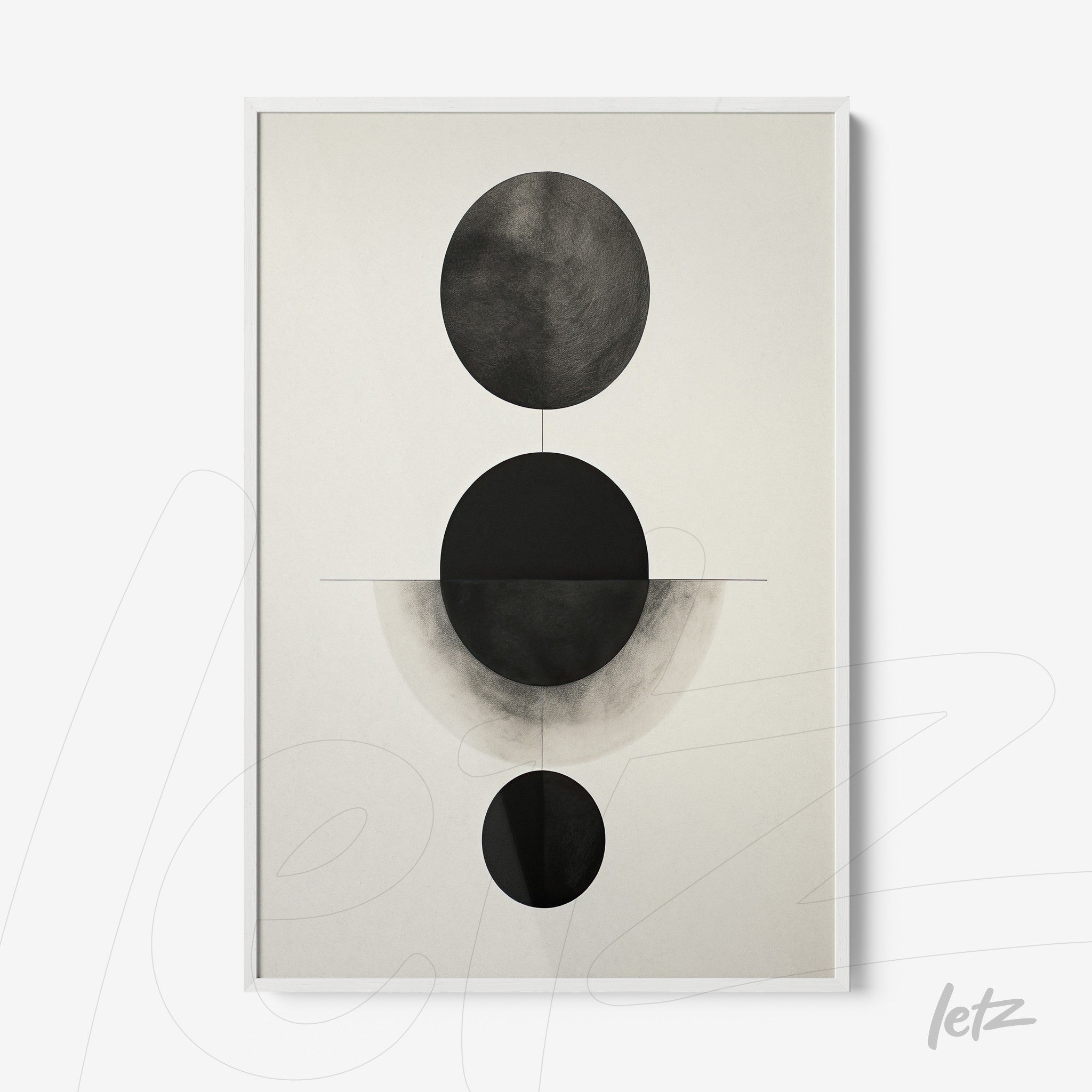abstract wall art in black and white featuring circles on a light background with a white frame