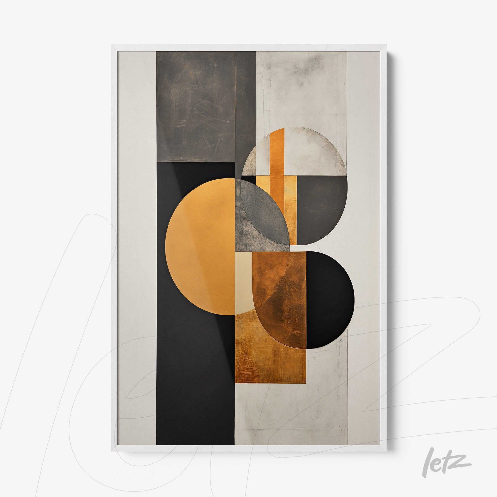 framed wall art featuring abstract design in neutral and gold tones, showcasing geometric shapes like circles and rectangles with white frame