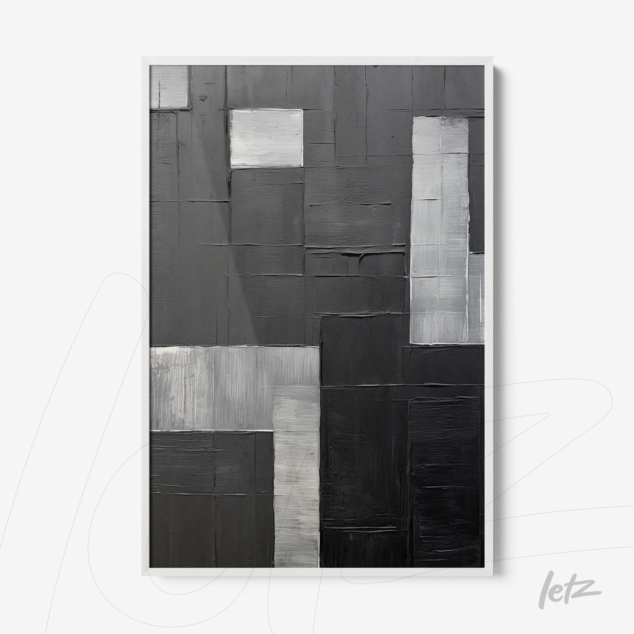 abstract artwork in shades of black and gray with textured patterns in white frame
