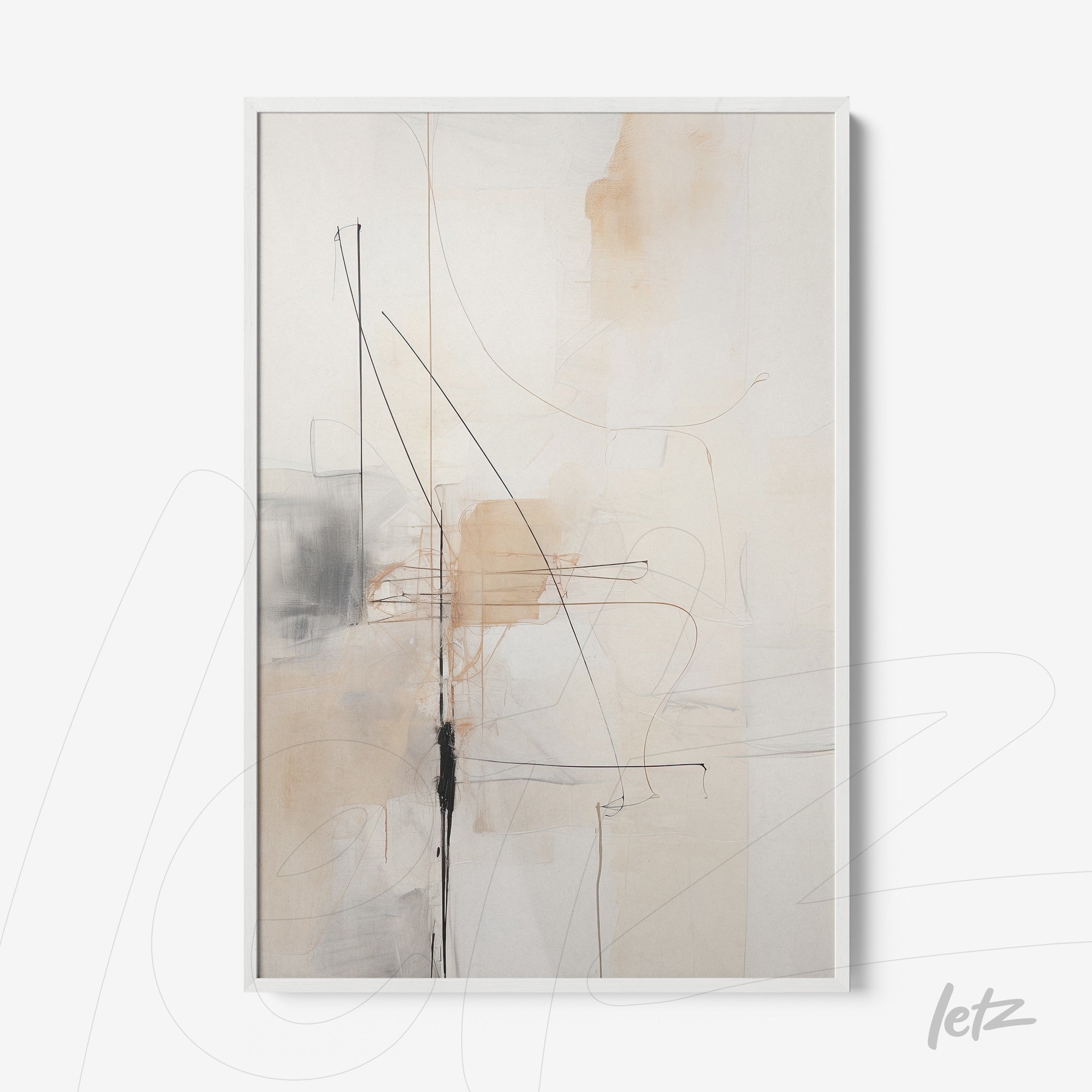 abstract wall art in neutral tones with subtle lines in a white frame