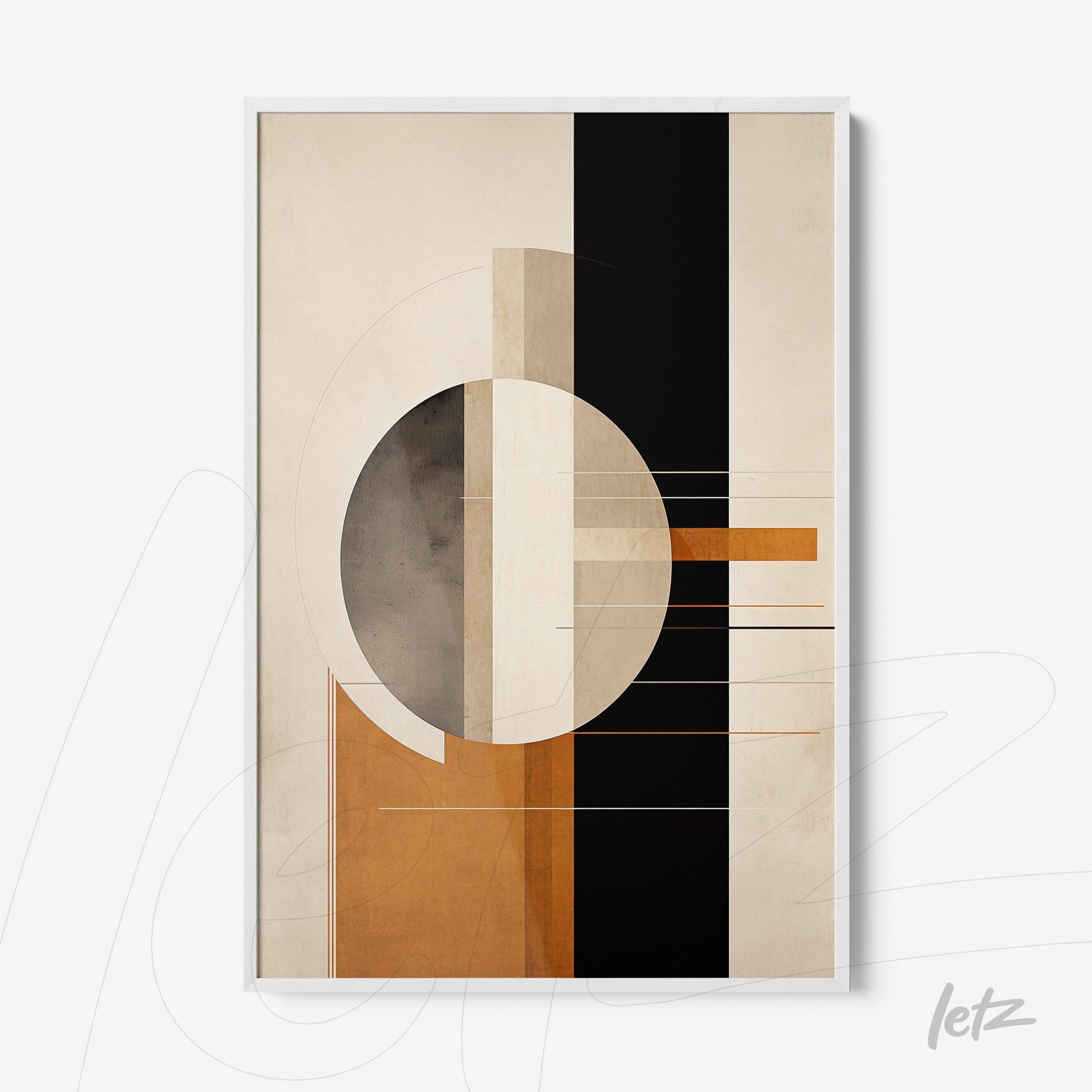 framed abstract art piece featuring earthy tones with geometric shapes like circles and rectangles against a light neutral background with black accents